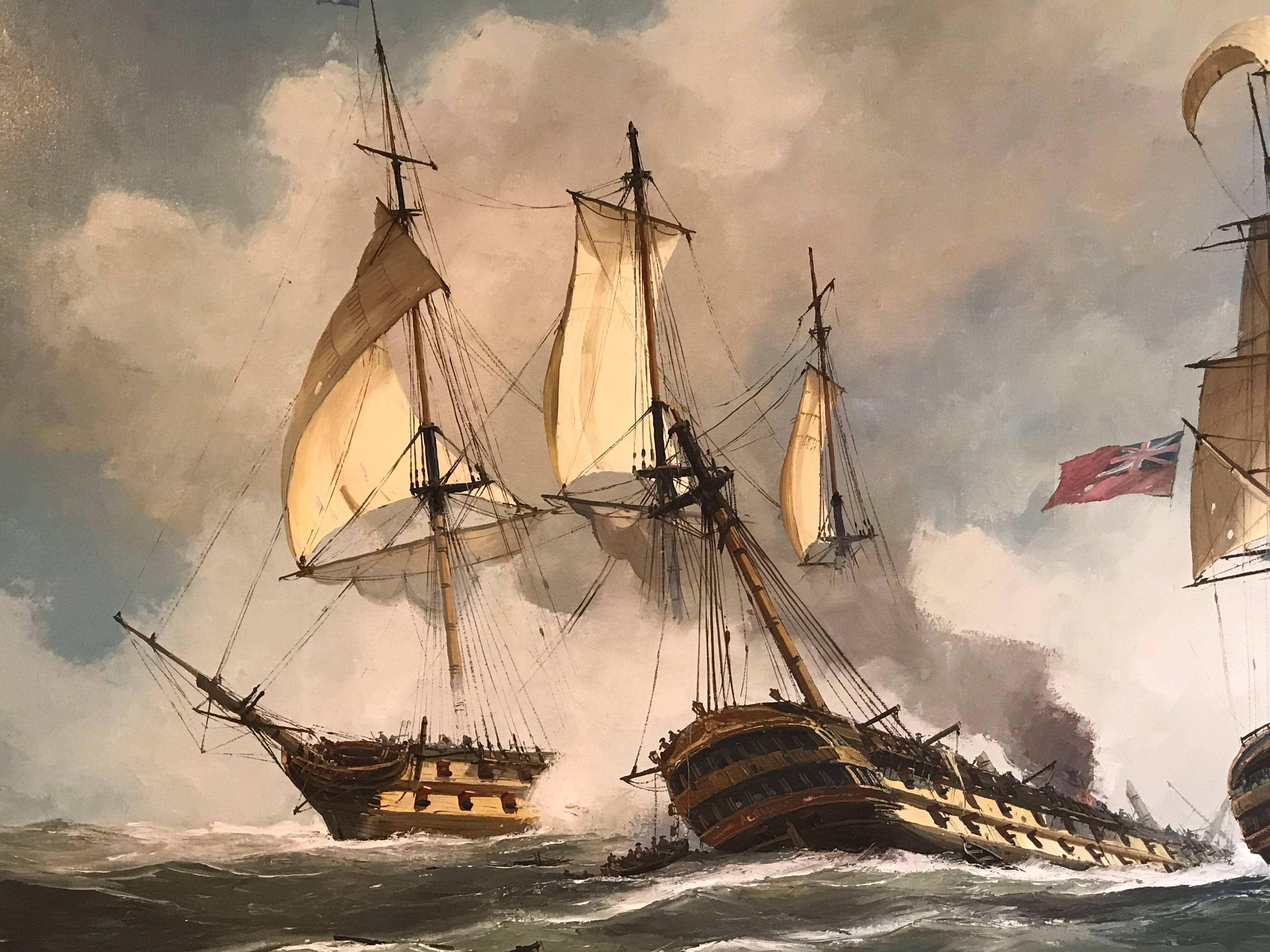 Enormous Signed Oil - Naval Battle Engagment Napoleonic Warships at Sea - Brown Landscape Painting by Laarhouen