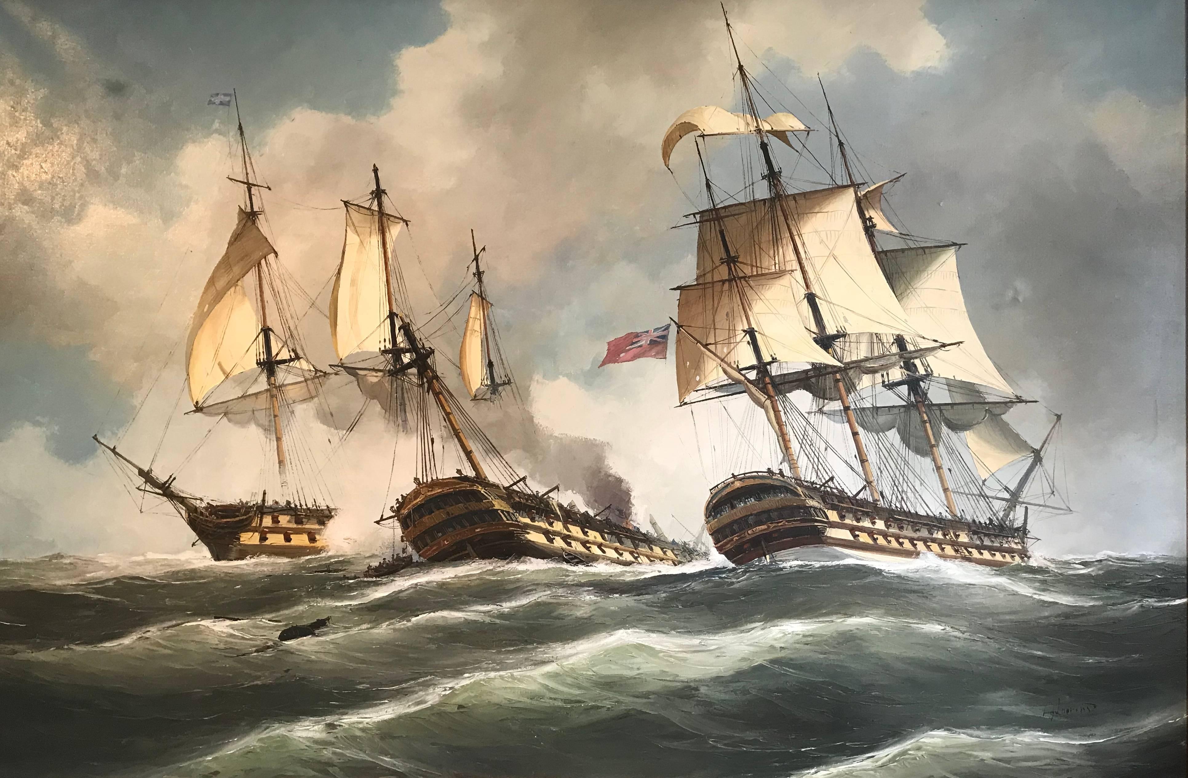 Laarhouen Landscape Painting - Enormous Signed Oil - Naval Battle Engagment Napoleonic Warships at Sea