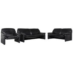 Used Laauser Atlanta Designer Sofa Armchair Set Leather Black Three-Seat Couch Modern