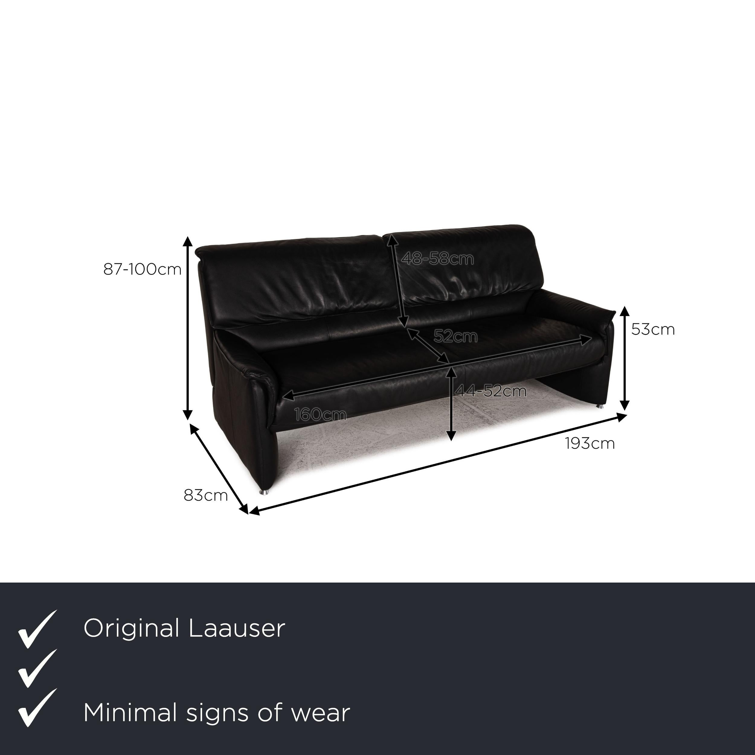 We present to you a Laauser camaro leather sofa black two seater couch.

Product measurements in centimeters:

Measure: depth: 83
width: 193
height: 87
seat height: 44
rest height: 53
seat depth: 52
seat width: 160
back height: 48.

 