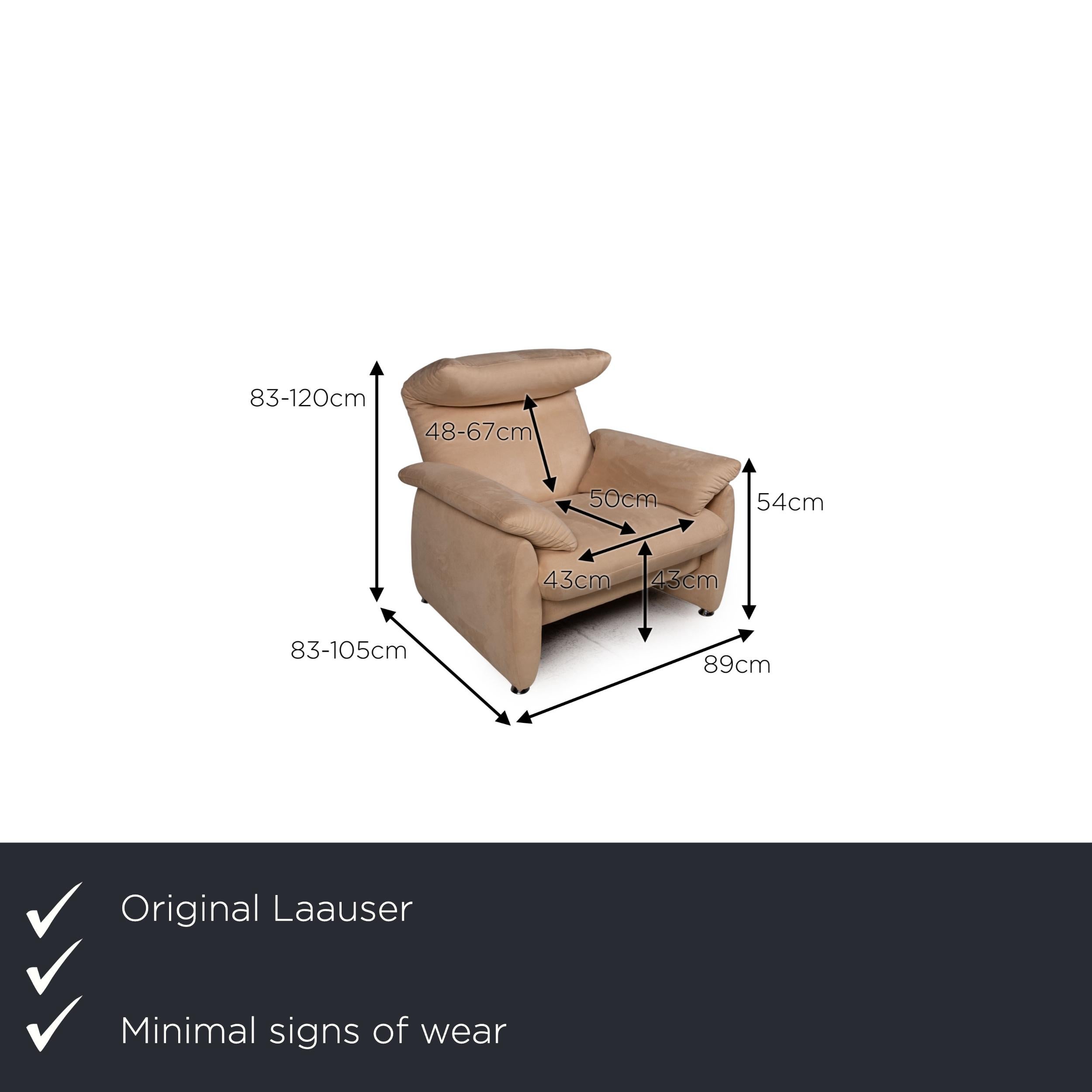 We present to you a Laauser Dacapo fabric armchair beige function.

Product measurements in centimeters:

depth: 83
width: 89
height: 83
seat height: 43
rest height: 54
seat depth: 50
seat width: 43
back height: 48.

 