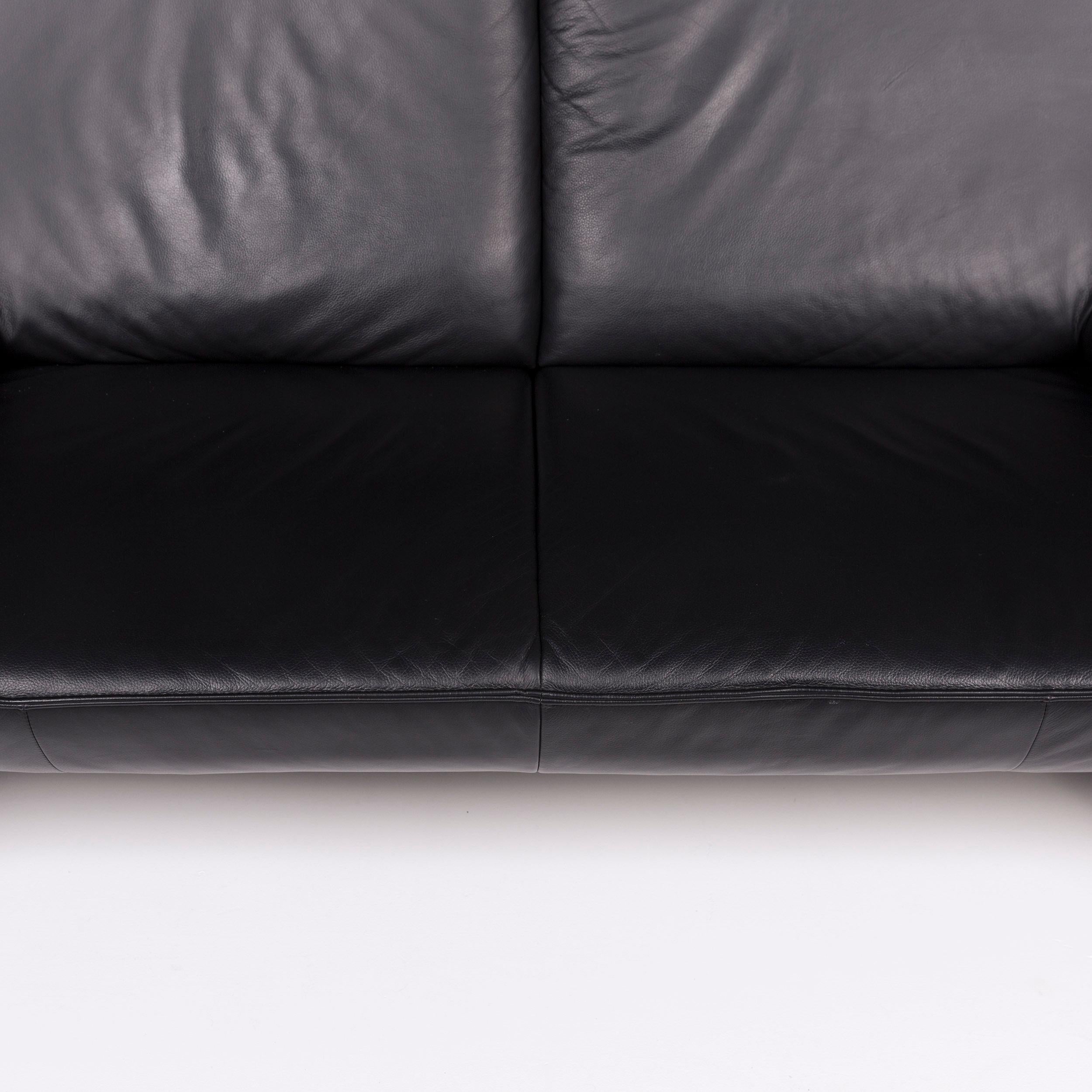 German Laauser Leather Sofa Black Two-Seat Couch For Sale