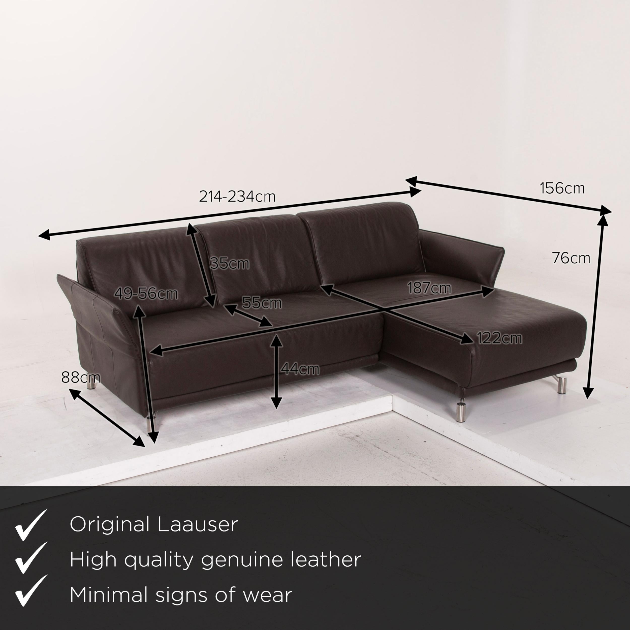 We present to you a Laauser leather sofa brown corner sofa dark brown.


 Product measurements in centimeters:
 

Depth 88
Width 214
Height 76
Seat height 44
Rest height 49
Seat depth 55
Seat width 187
Back height 35.
 