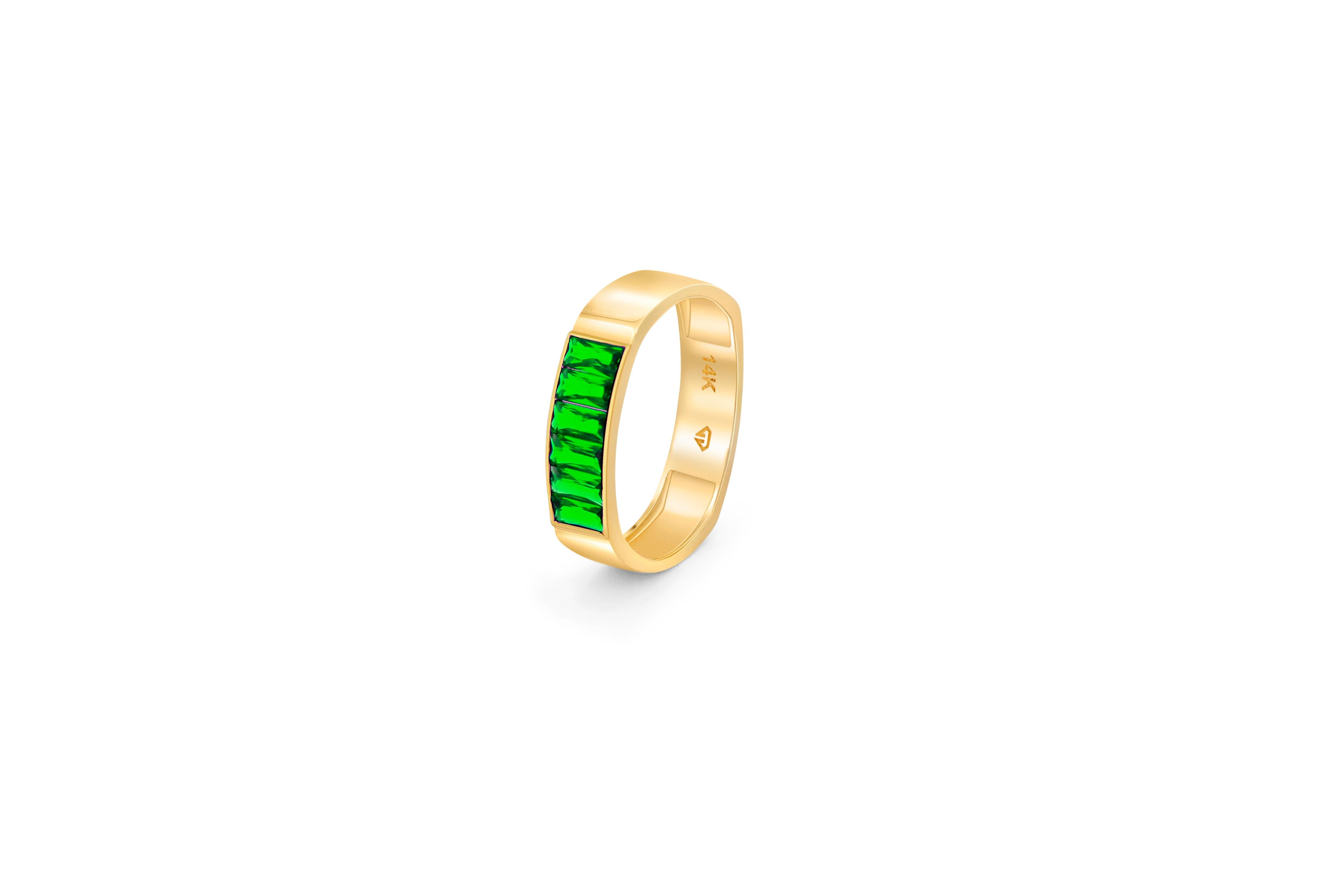 Modern Lab baguette emeralds 14k gold half eternity ring For Sale