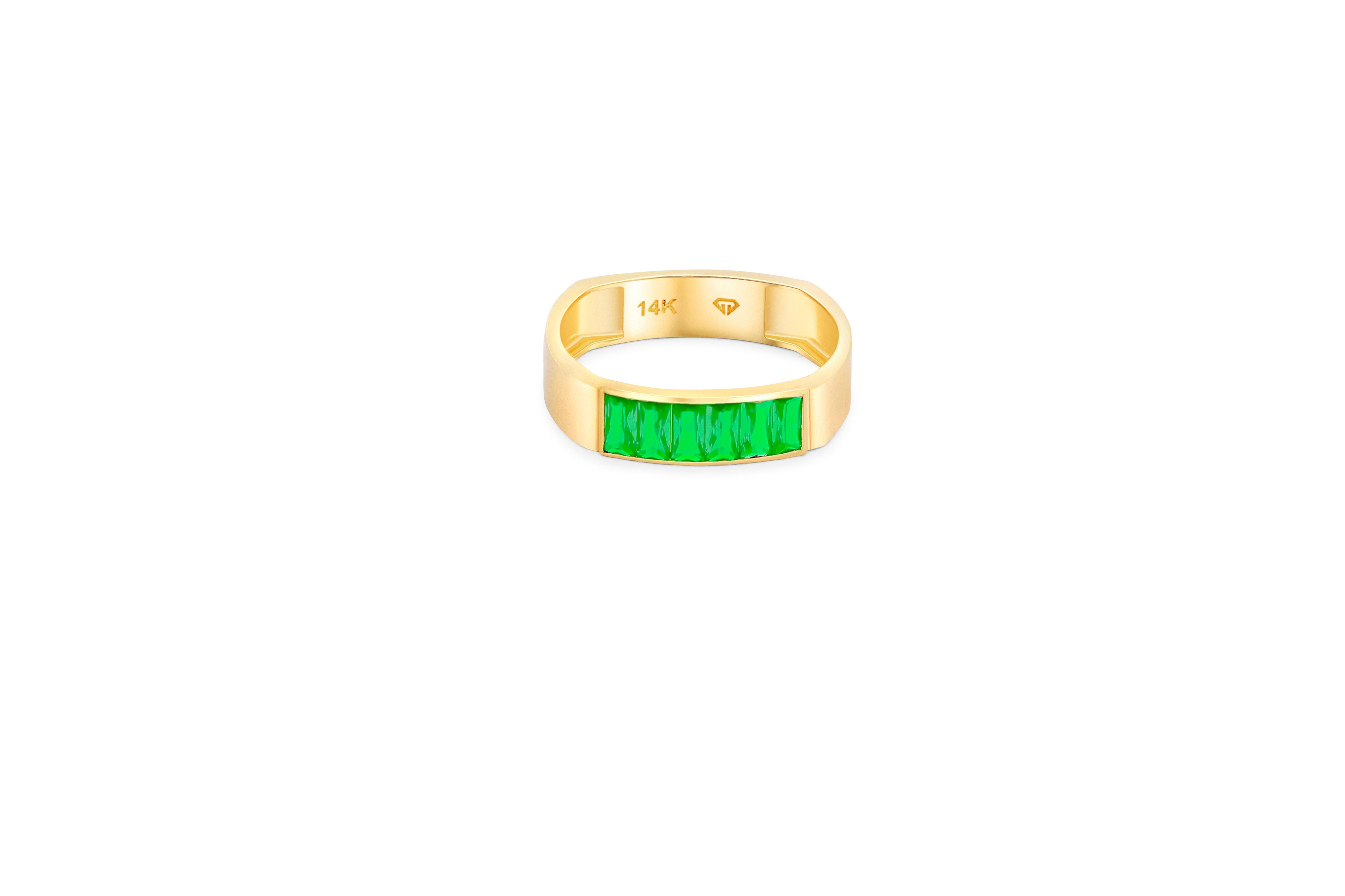 Women's or Men's Lab baguette emeralds 14k gold half eternity ring For Sale