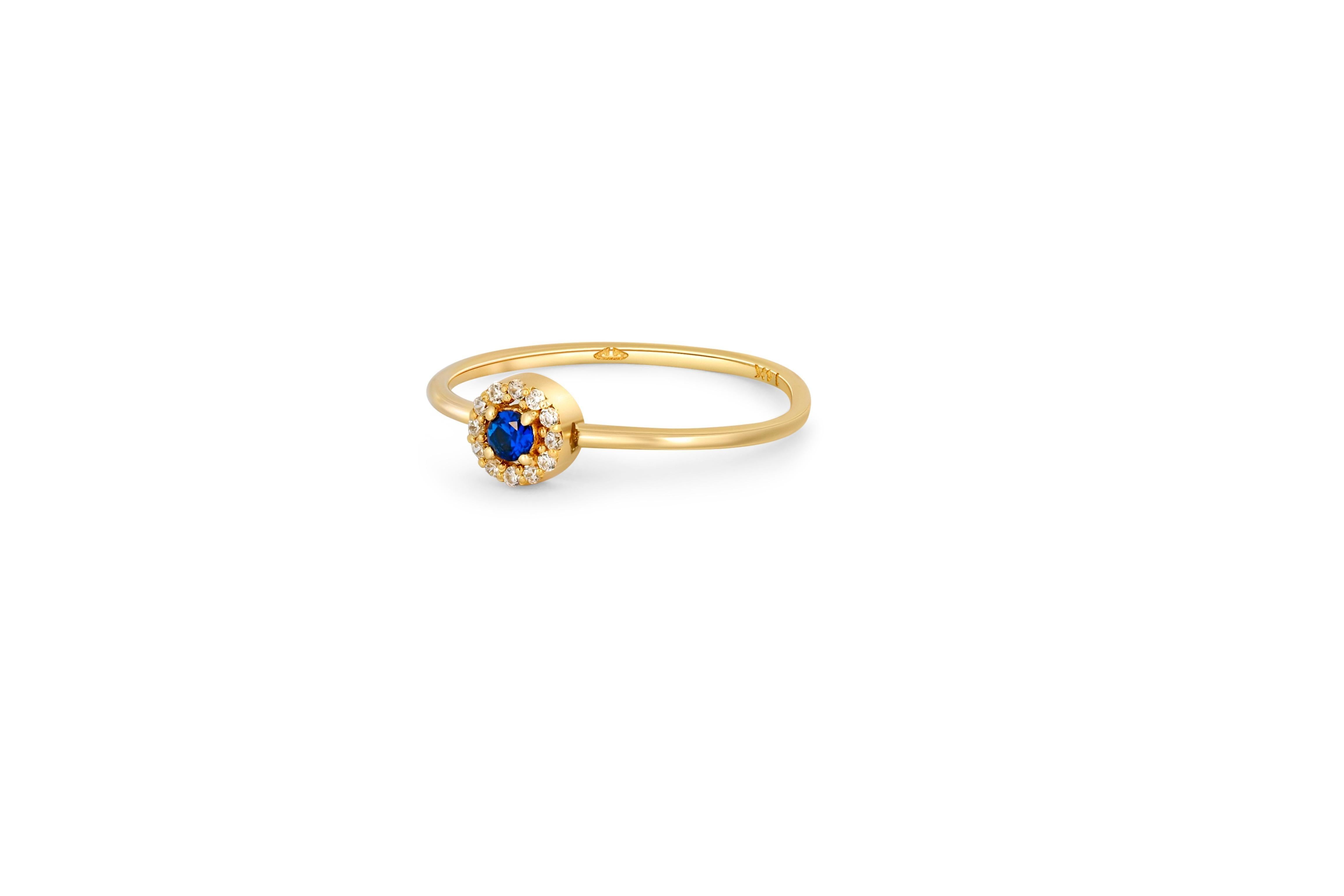 Lab blue sapphire, moissanites halo 14k gold ring. Sapphire, Moissanite Engagement Ring. Round Halo Wedding Ring. Round sapphire, september birthstone ring. 

Metal: 14k gold
Weight: 2 g. Depends from size.

Gemstone:
Lab sapphire: round cut, 5 mm