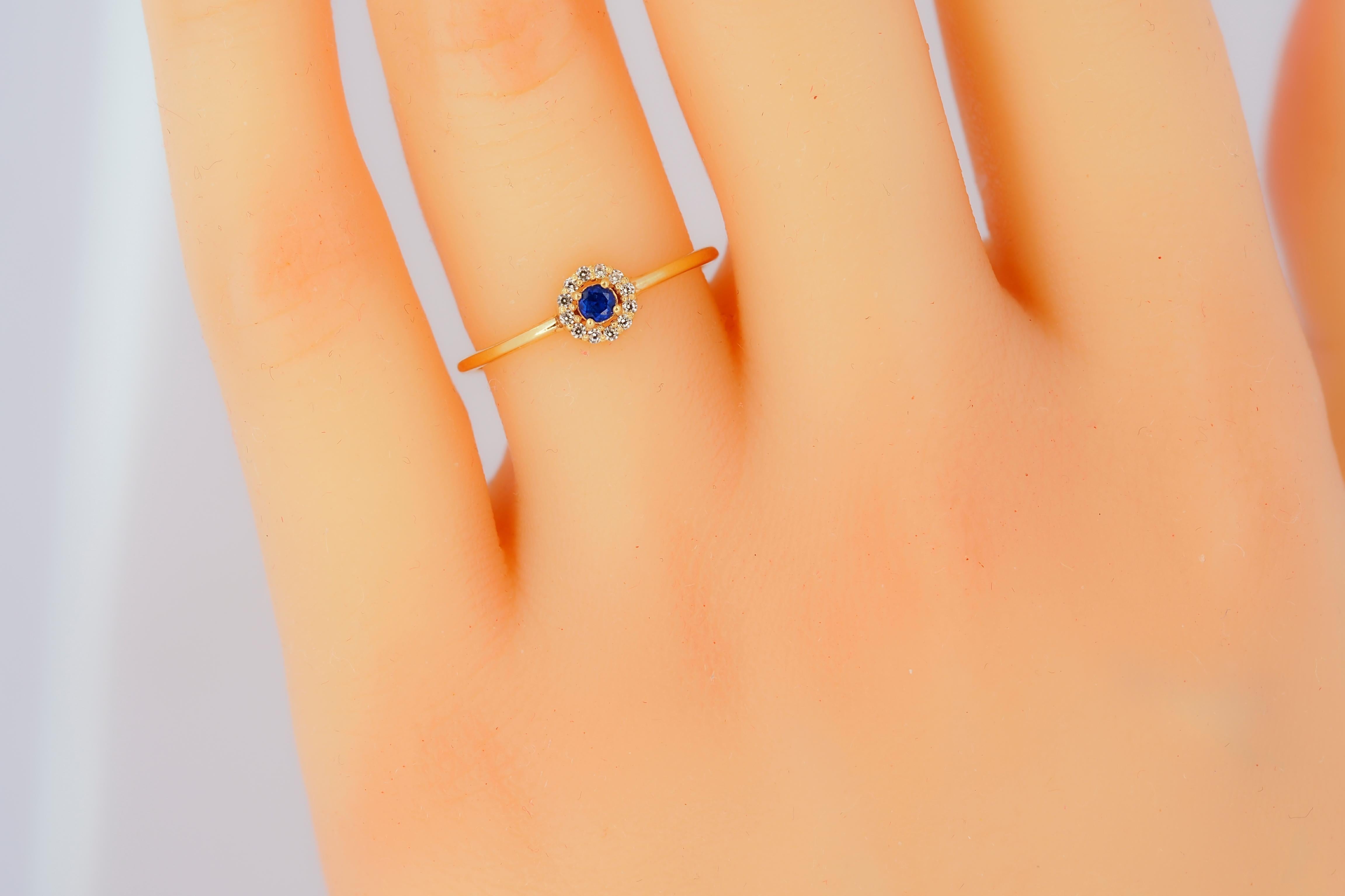 Lab blue sapphire, moissanites halo 14k gold ring. In New Condition In Istanbul, TR