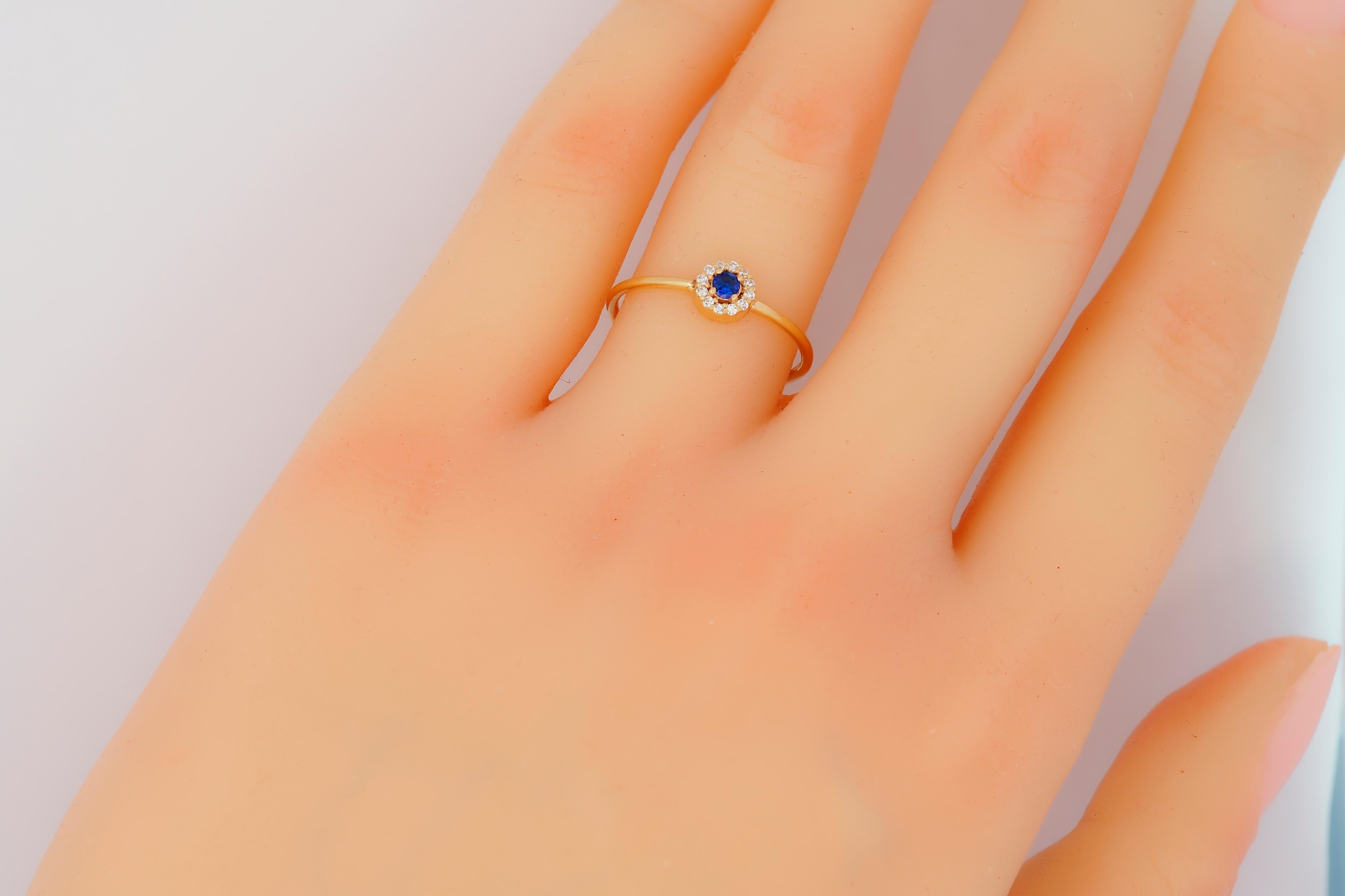 Women's Lab blue sapphire, moissanites halo 14k gold ring.