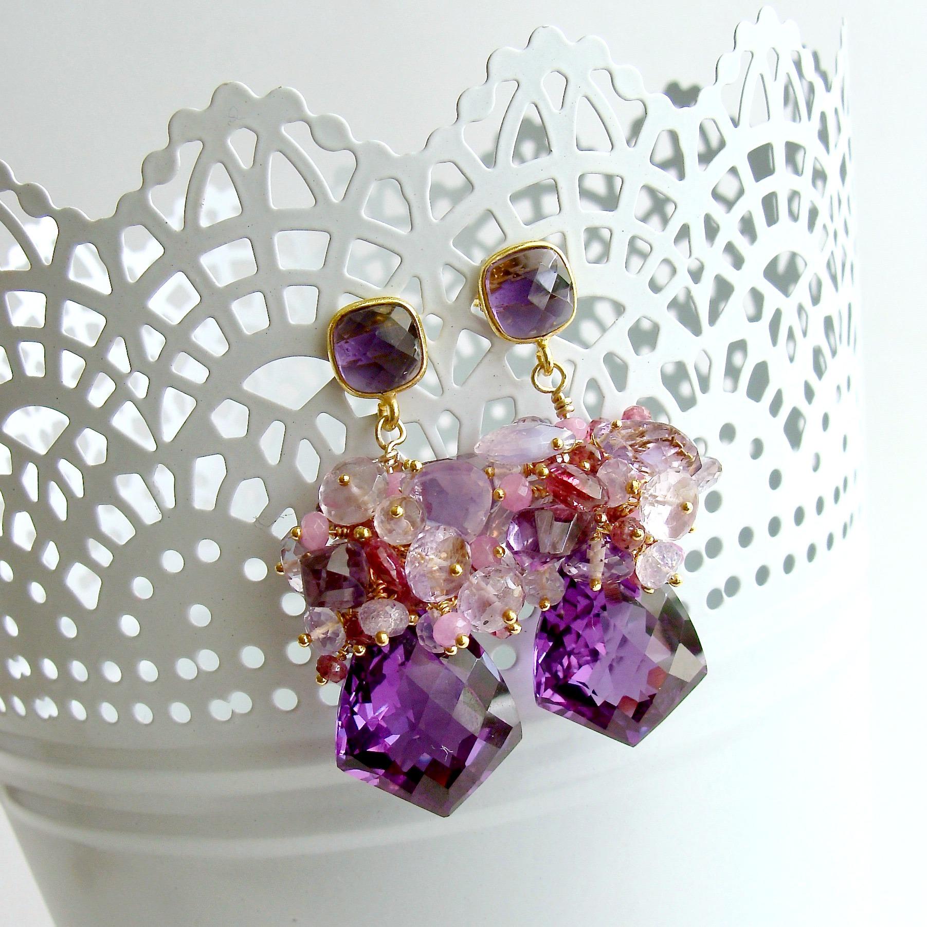 Lab Created Alexandrite Cluster Earrings Tourmaline Amethyst Moss Ruby Scorolite In New Condition In Colleyville, TX