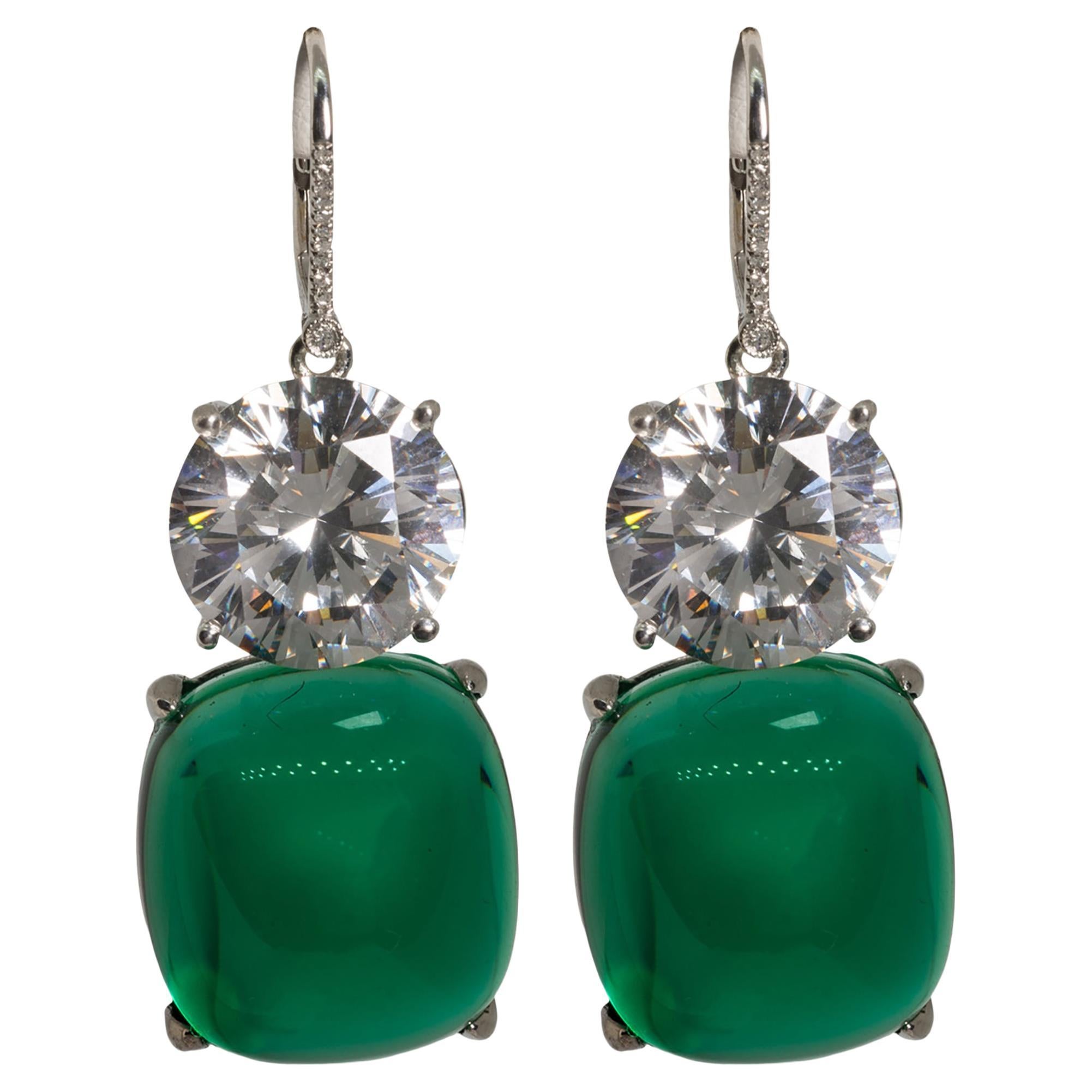 Costume Jewelry Diamond Large Cabochon Emerald Earrings by Clive Kandel