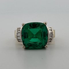 Lab Created Emerald & Diamond Ring 14K Two Tone Gold Heavy Mounting 12x12mm Sz 8