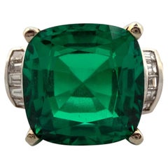 Lab Created Emerald & Diamond Ring 14K Two Tone Gold Heavy Mounting 12x12mm Sz 8