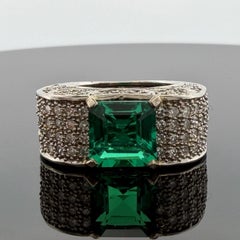 Lab Created Emerald & Diamond Ring 14K White Gold Wide Pavé Mounting 1.50CTW
