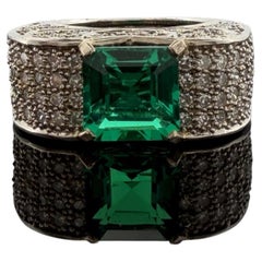 Lab Created Emerald & Diamond Ring 14K White Gold Wide Pavé Mounting 1.50CTW