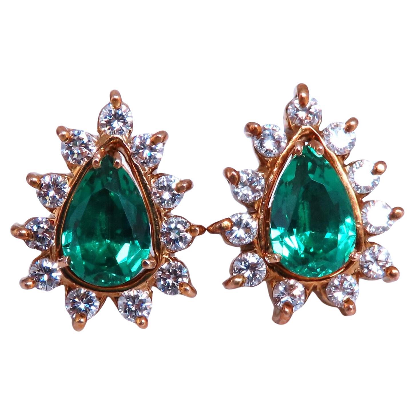 Lab Created Emerald Natural Diamond Stud Earrings Jacket & Solitaire 14kt Gold For Sale