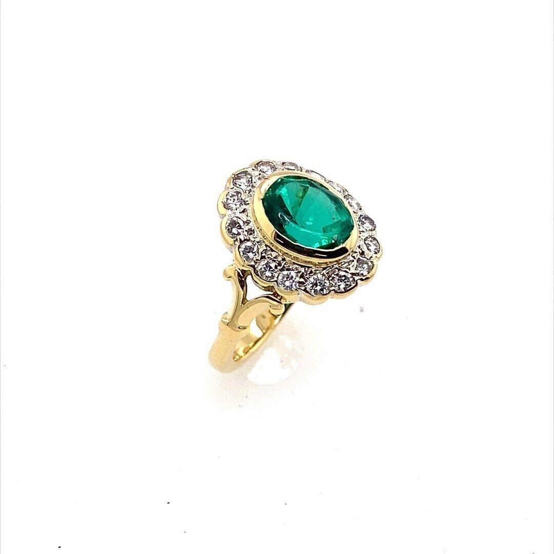 18ct Yellow Gold Lab Created Oval 1.77ct Emerald Ring, Surrounded by 16 Diamonds

This beautiful emerald ring is set with a lab created emerald gemstone 18K Yellow and White Gold ring. The emerald is surrounded by 16 round Diamonds, making this ring