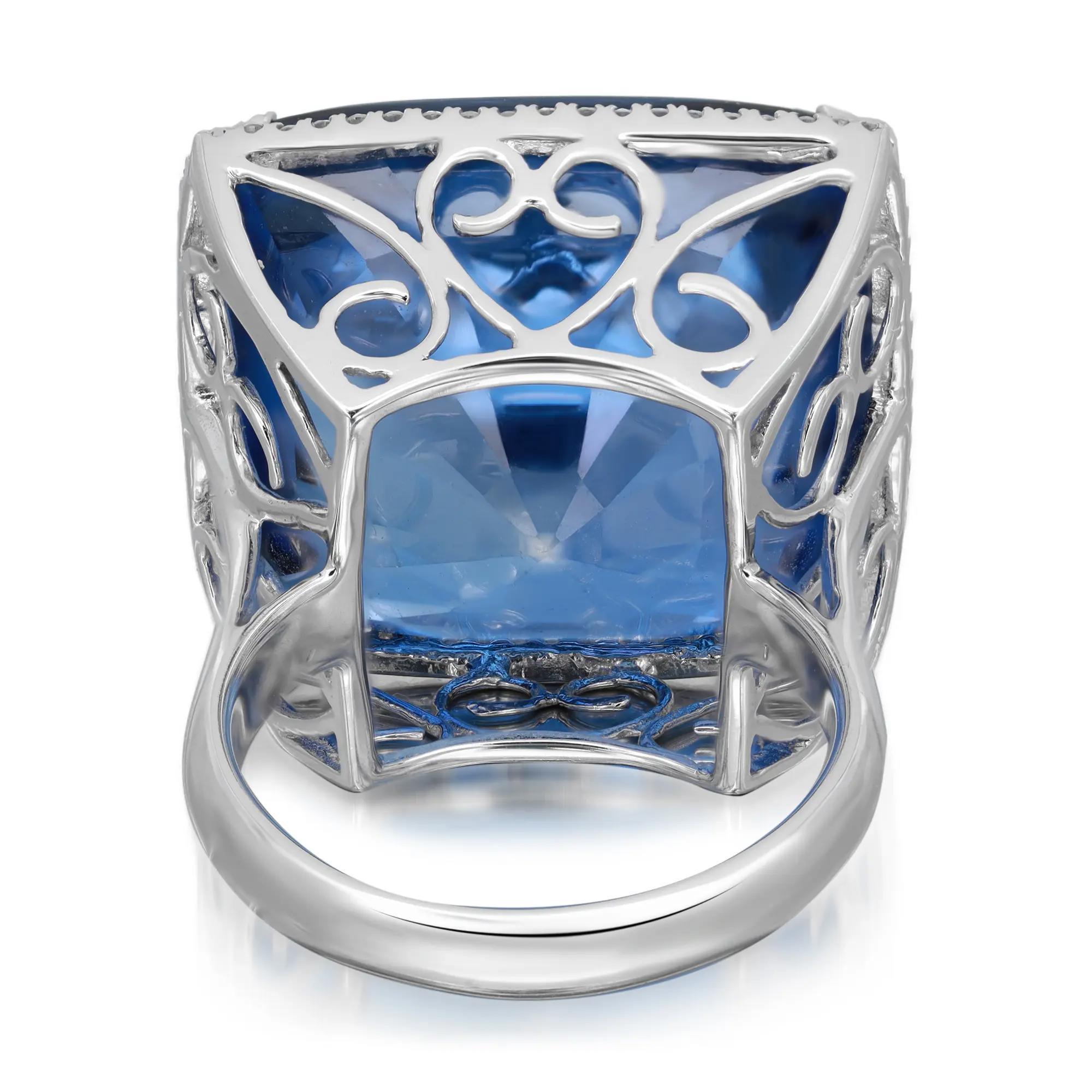 Modern Lab Created Sapphire 44.54Ctw & 0.28ct Diamond Cocktail Ring 18K White Gold 6.5 For Sale