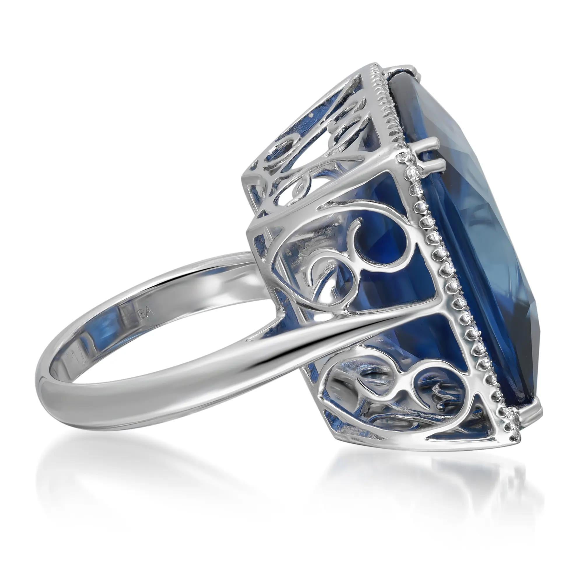 Square Cut Lab Created Sapphire 44.54Ctw & 0.28ct Diamond Cocktail Ring 18K White Gold 6.5 For Sale