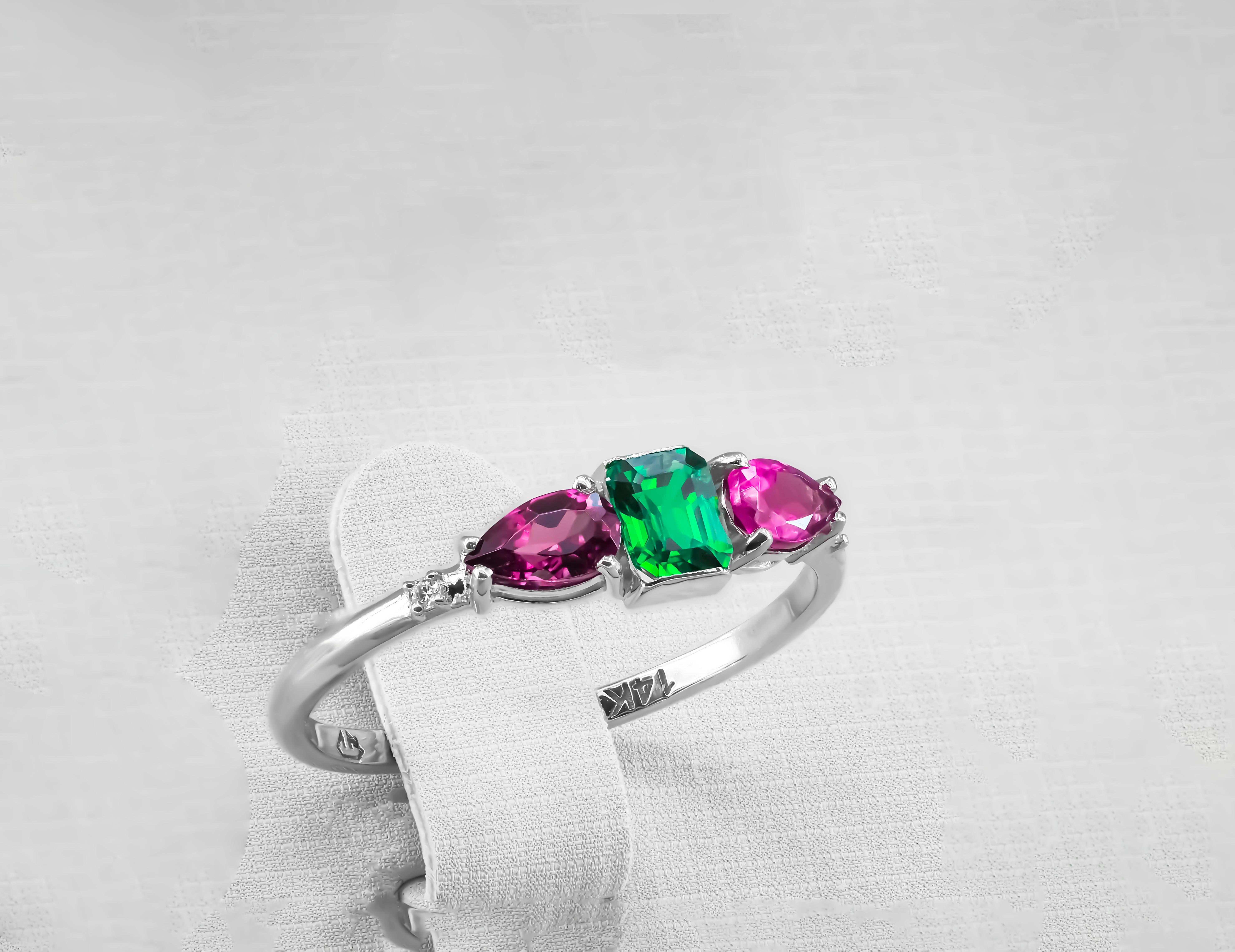 Baguette Cut Lab emerald, garnet 14k gold ring.
