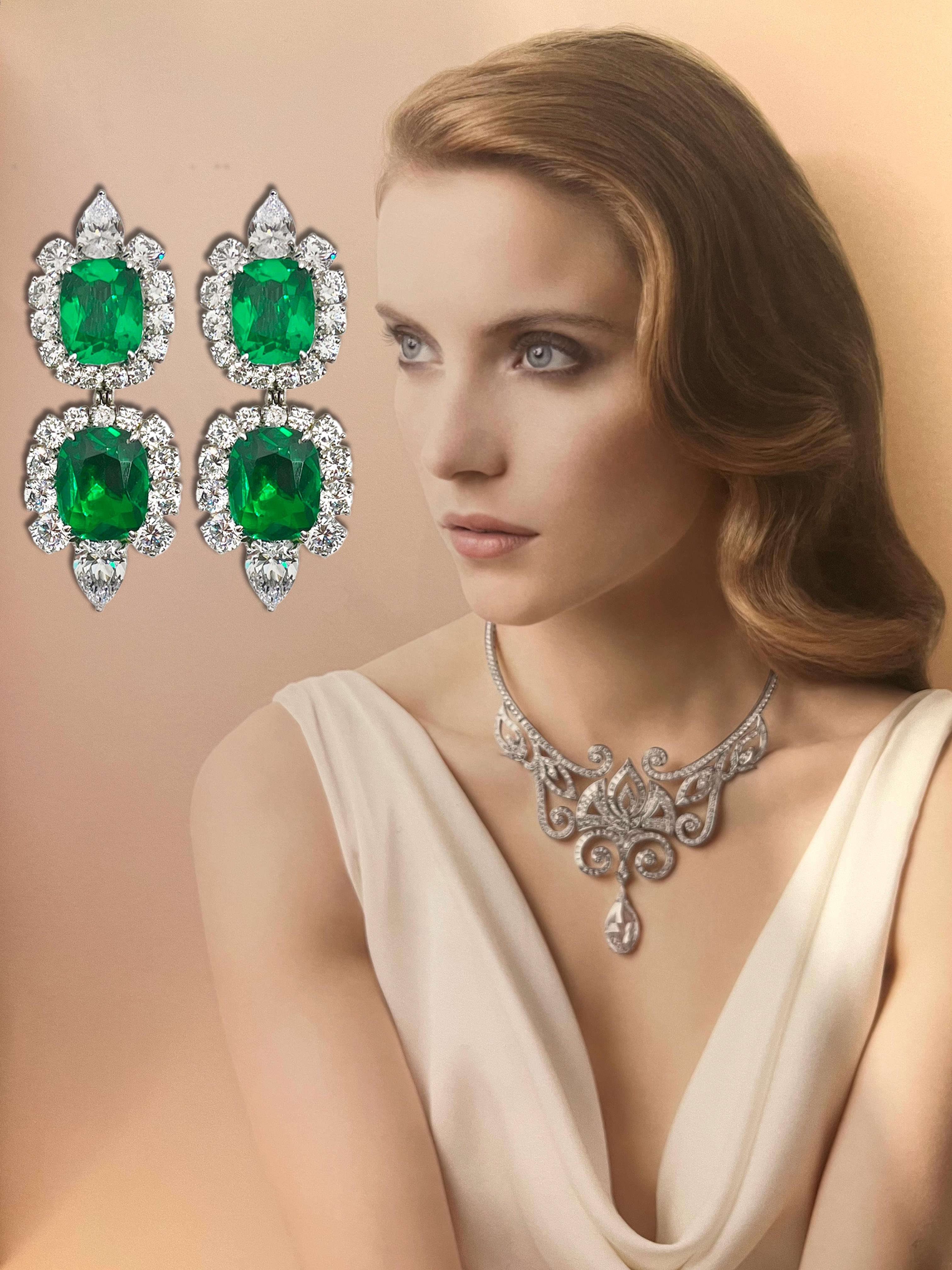 Contemporary Diamond Emerald Suberb Harry Winston Style Lab Grown Costume Jewelry Earrings For Sale