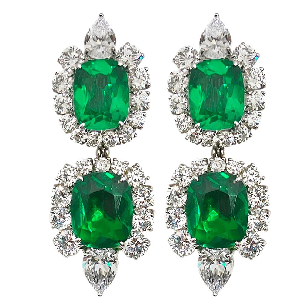Antique Cushion Cut Diamond Emerald Suberb Harry Winston Style Lab Grown Costume Jewelry Earrings For Sale