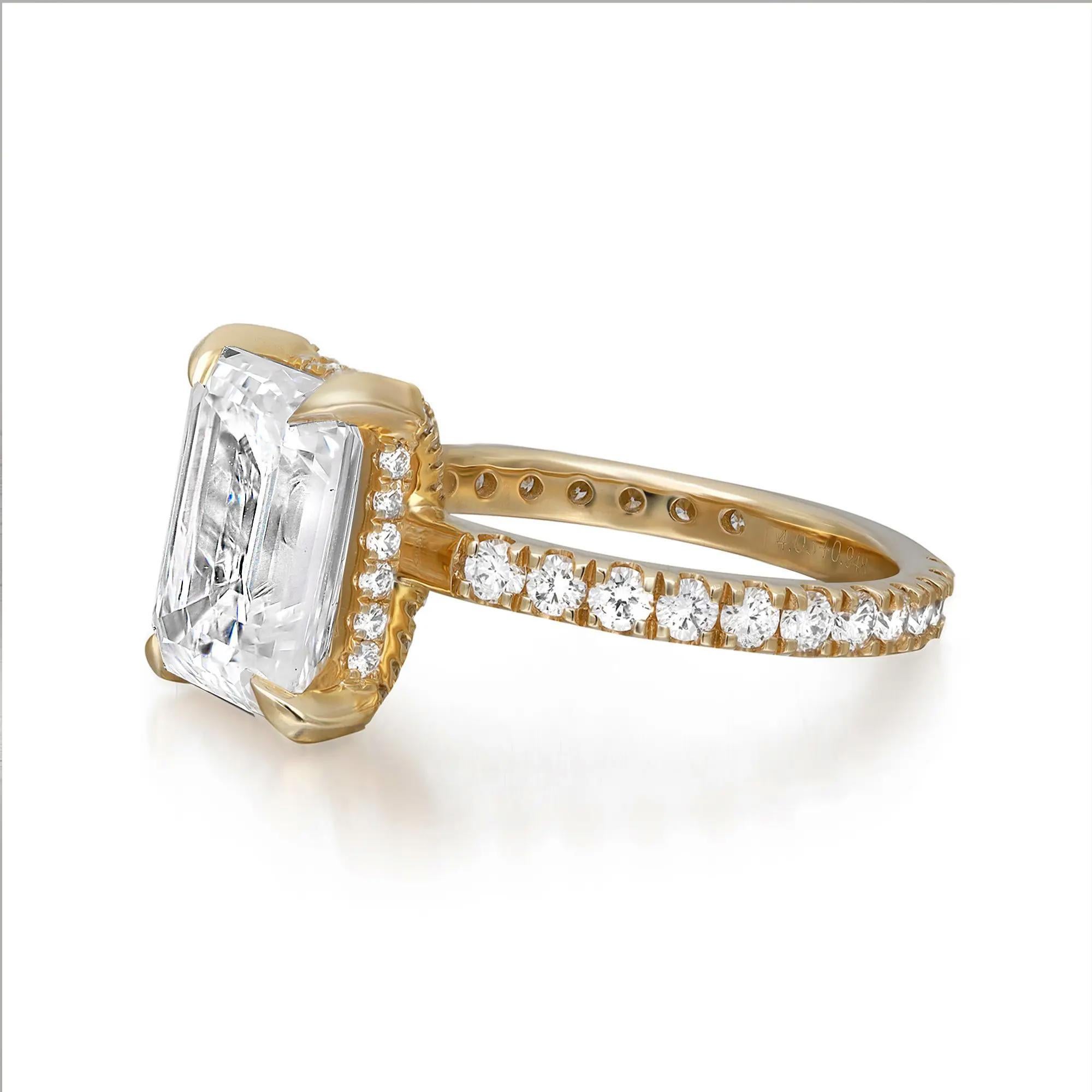 Modern Lab Grown Emerald Cut 4.04Cts & Natural Diamond Engagement Ring 14K Yellow Gold