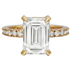 Lab Grown Emerald Cut 4.04Cts & Natural Diamond Engagement Ring 14K Yellow Gold 