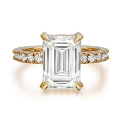 Lab Grown Emerald Cut 4.04Cts & Natural Diamond Engagement Ring 14K Yellow Gold