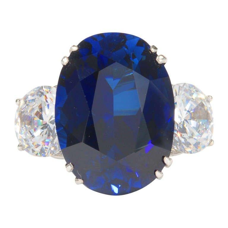 Contemporary Costume Jewelry Lab Grown Blue Color Sapphire CZ Diamond Ring by Clive Kandel For Sale
