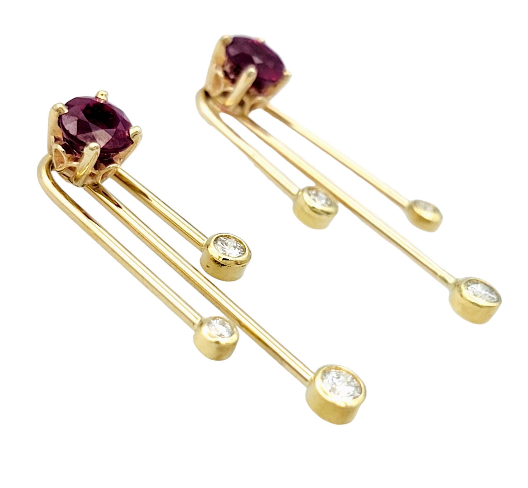 Contemporary Lab Ruby Stud Earrings with Vertical Diamond Jackets Set in 14 Karat Yellow Gold For Sale