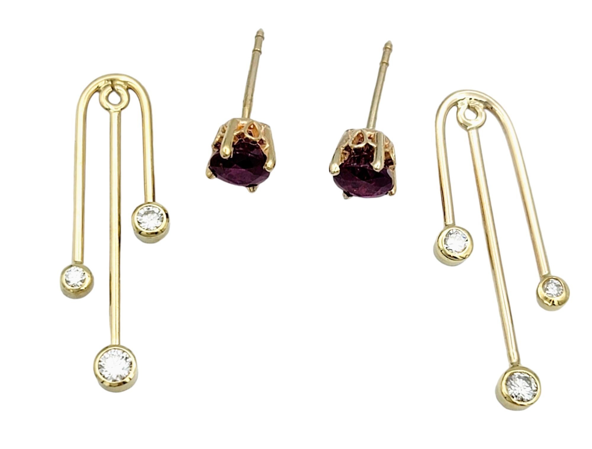Round Cut Lab Ruby Stud Earrings with Vertical Diamond Jackets Set in 14 Karat Yellow Gold For Sale