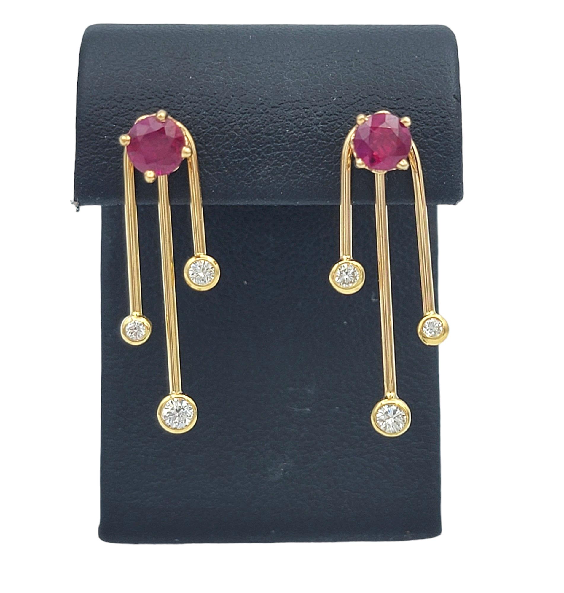 Lab Ruby Stud Earrings with Vertical Diamond Jackets Set in 14 Karat Yellow Gold For Sale 1
