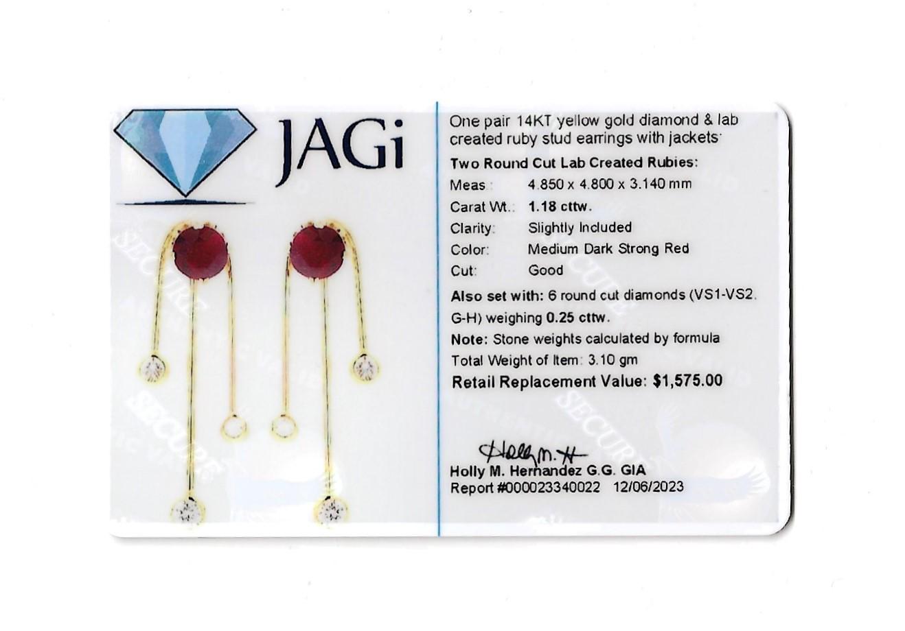 Lab Ruby Stud Earrings with Vertical Diamond Jackets Set in 14 Karat Yellow Gold For Sale 2