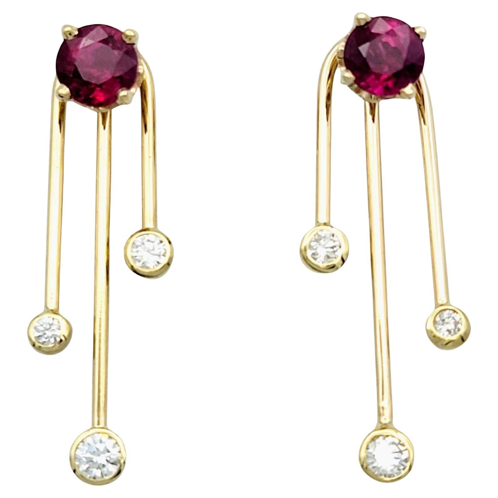 Lab Ruby Stud Earrings with Vertical Diamond Jackets Set in 14 Karat Yellow Gold For Sale