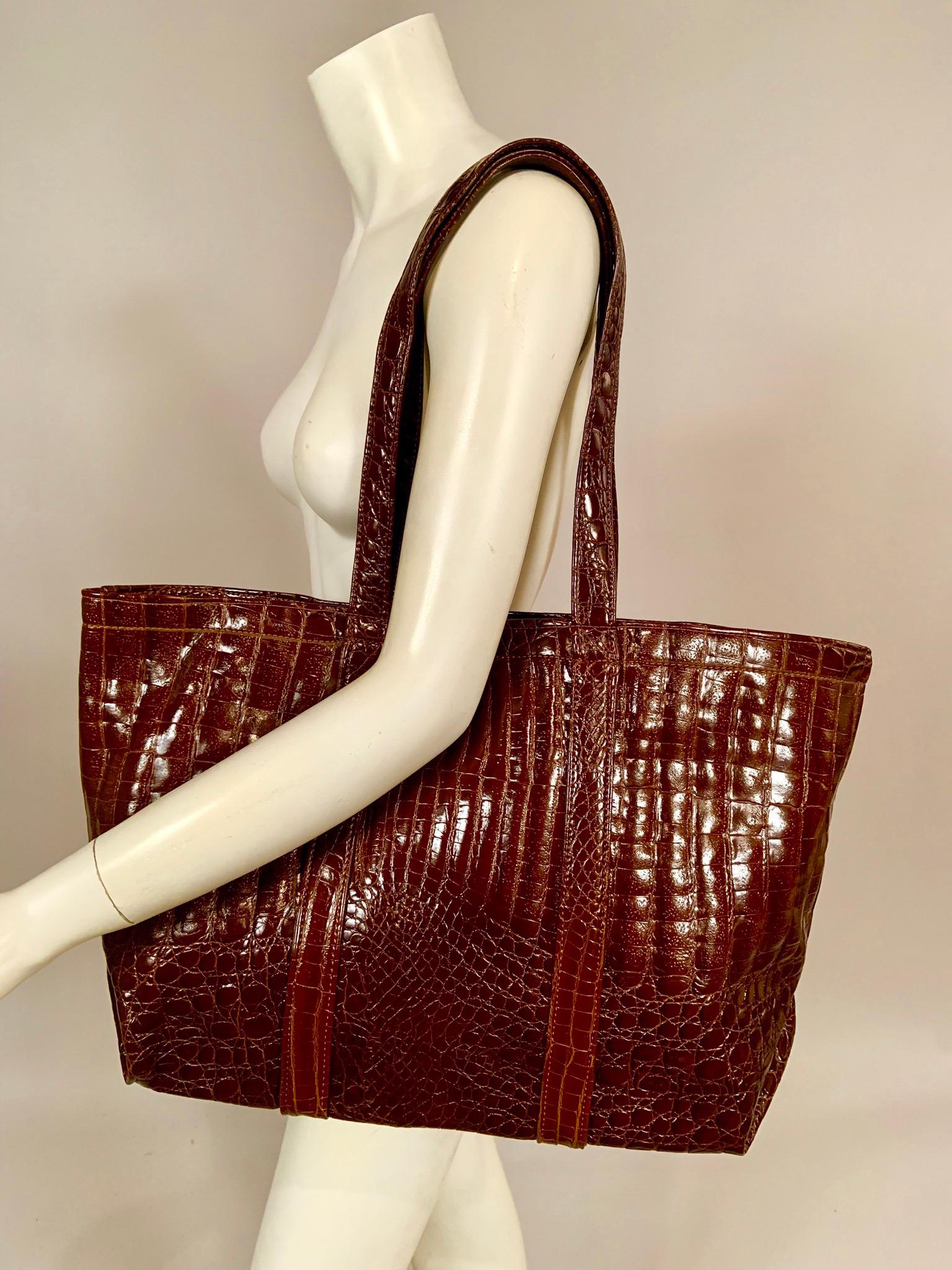 LaBagagerie, Paris Oversized Vegan Faux Crocodile Cognac Colored Tote Bag In Excellent Condition In New Hope, PA