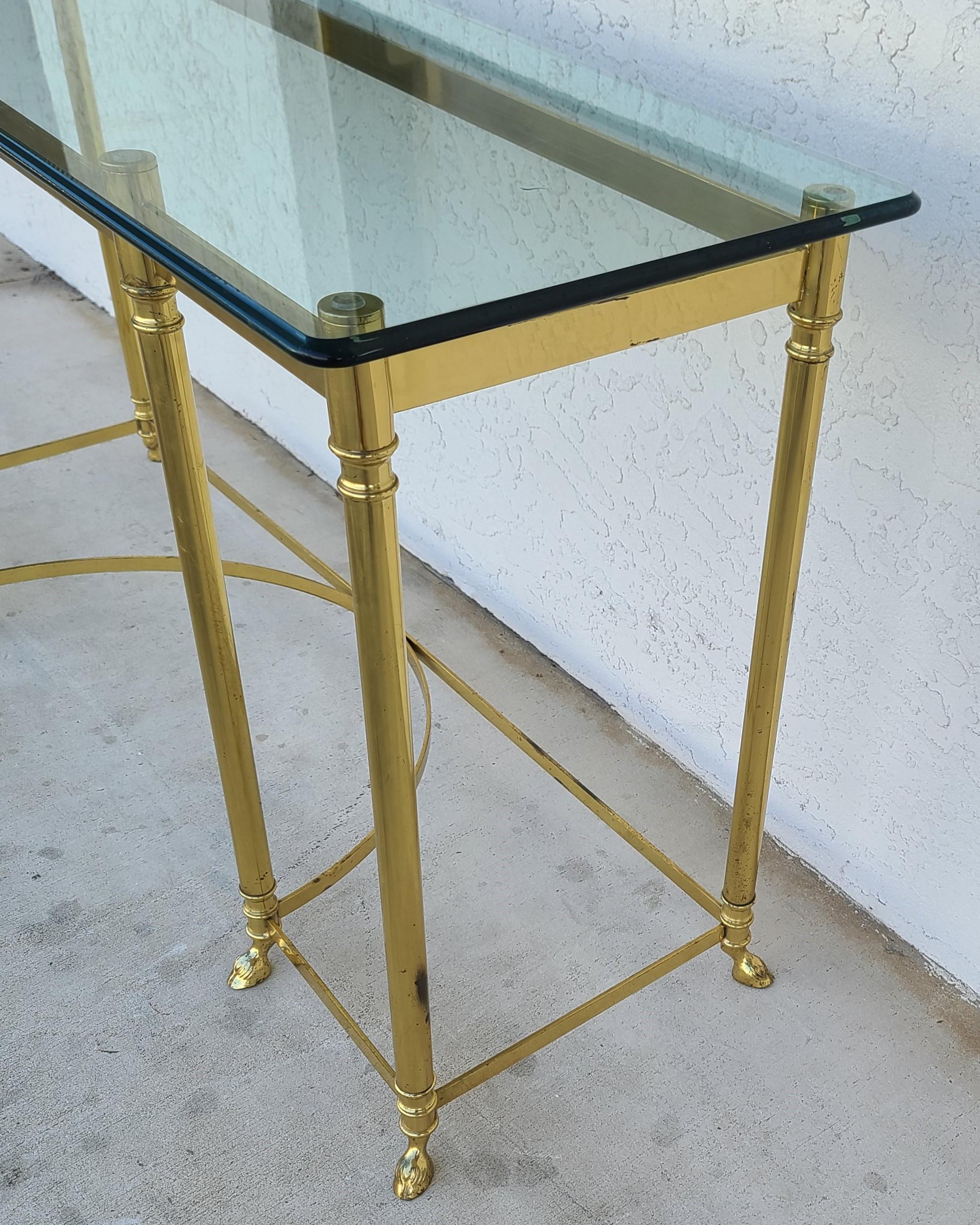 Hollywood Regency Labarge Brass and Beveled Glass Hoof Feet Console Sofa Table