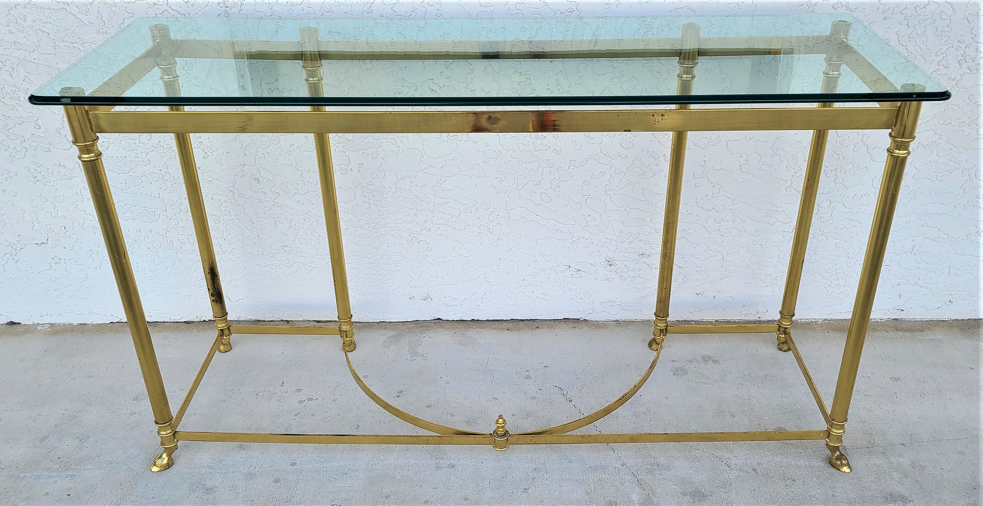 Labarge Brass and Beveled Glass Hoof Feet Console Sofa Table In Good Condition In Lake Worth, FL