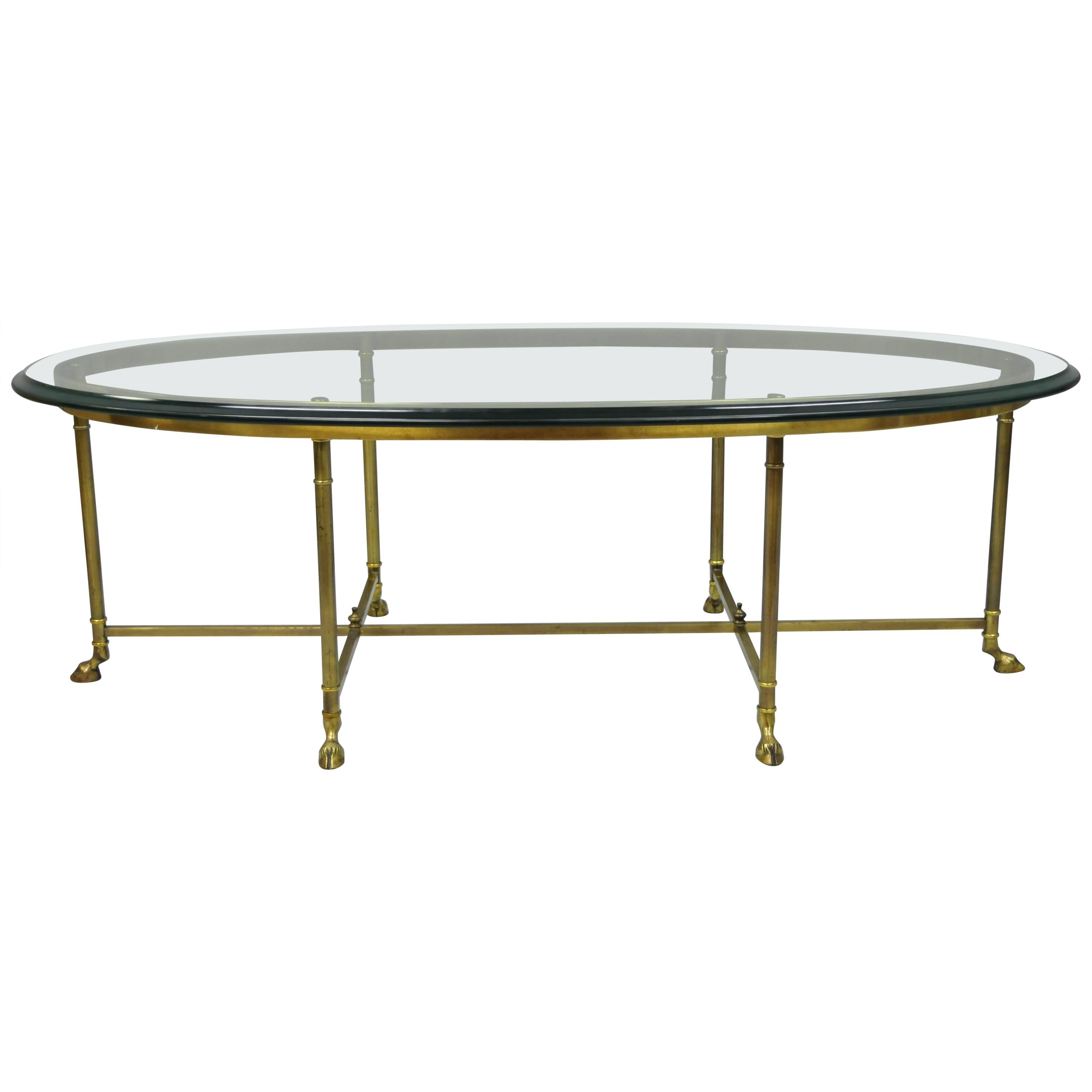 Labarge Brass & Glass Oval Italian Coffee Table Hoof Feet Hollywood Regency