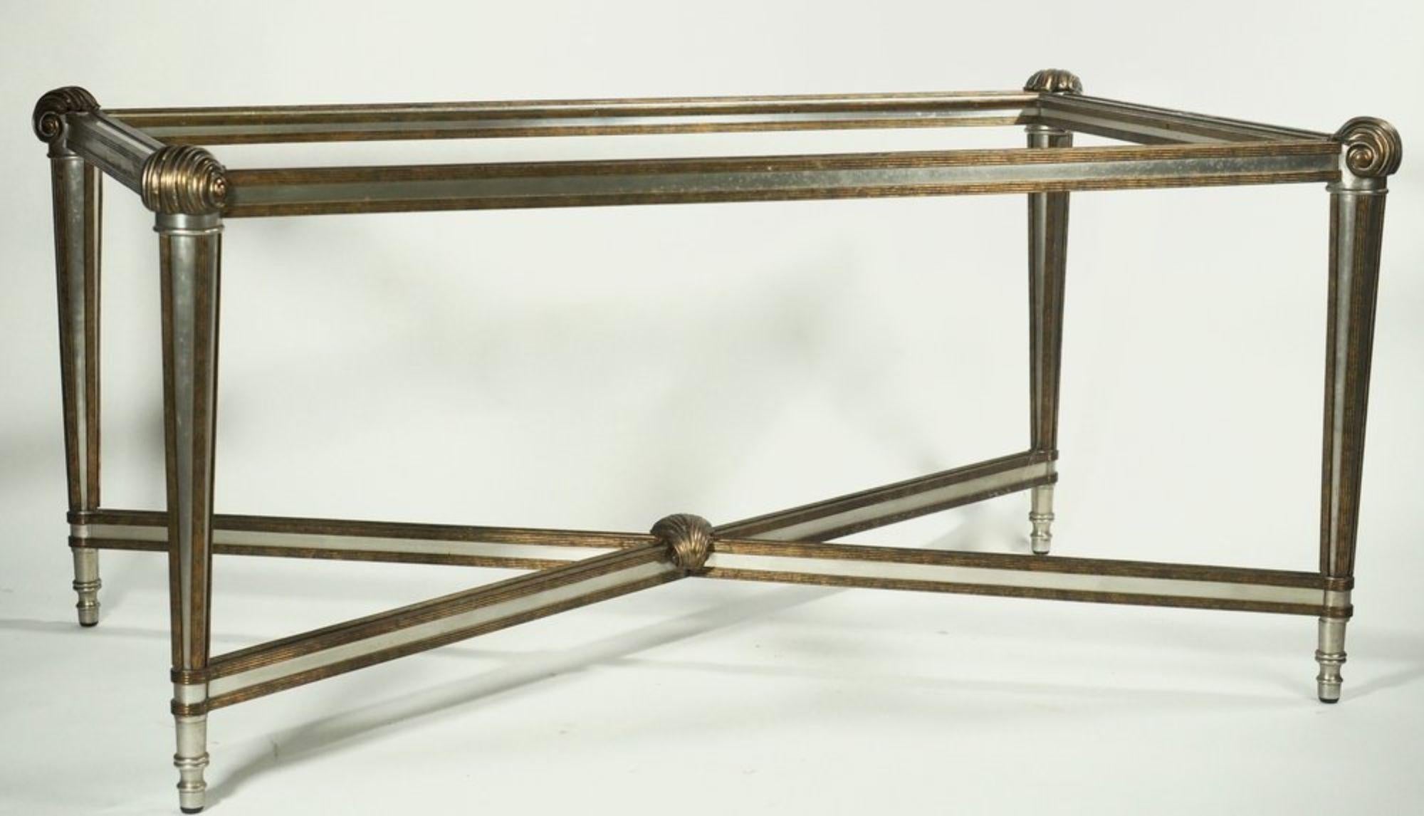 Mid-Century Modern coffee/center/sofa table by Labarge in bronze and steel. 52” wide x 32” deep x 25” high. Takes a glass top.