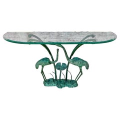 Tavolo consolle con piano in vetro con gru e ninfee in bronzo di Labarge