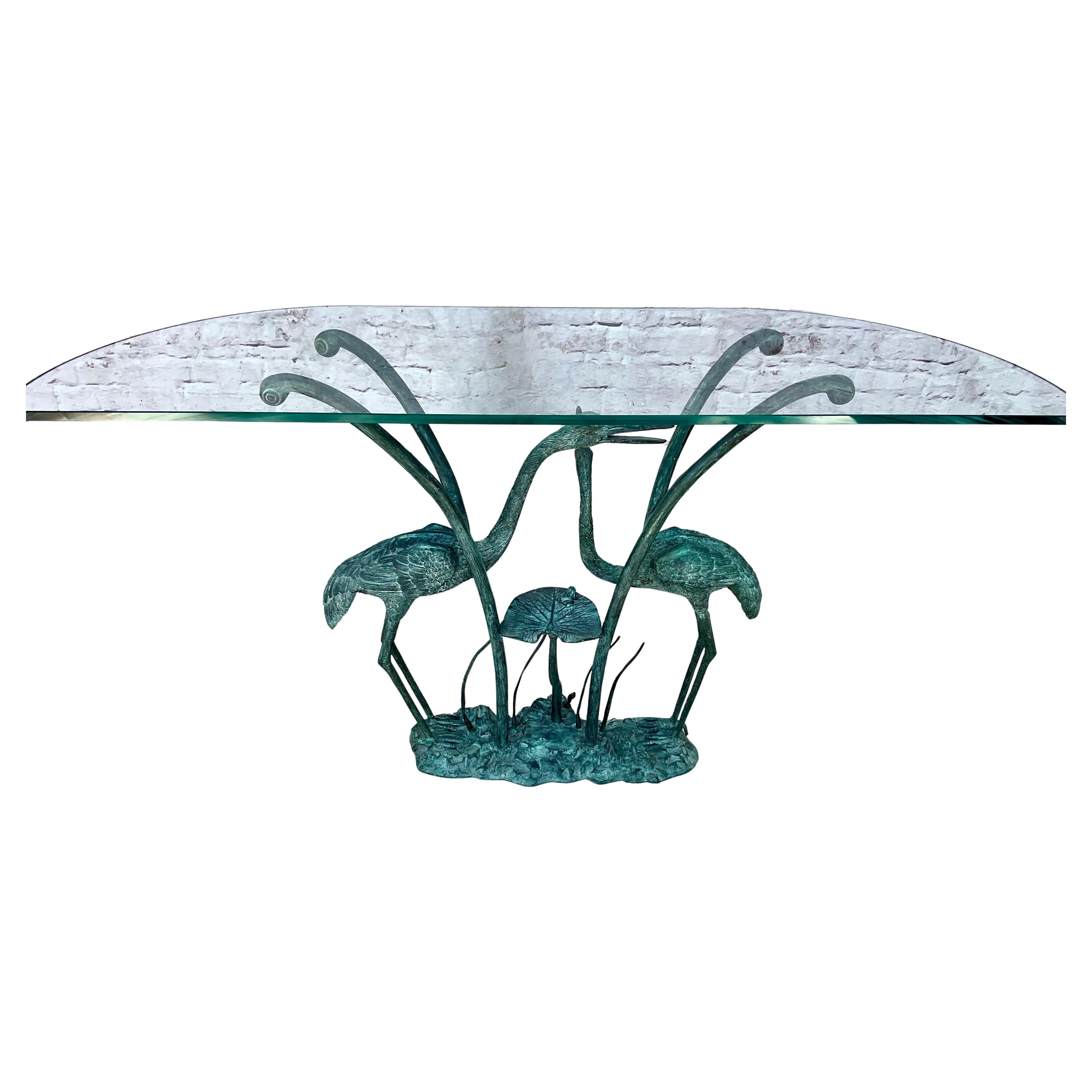 Hollywood Regency Labarge Bronze Crane and Lily Pad Glass Top Console Table For Sale