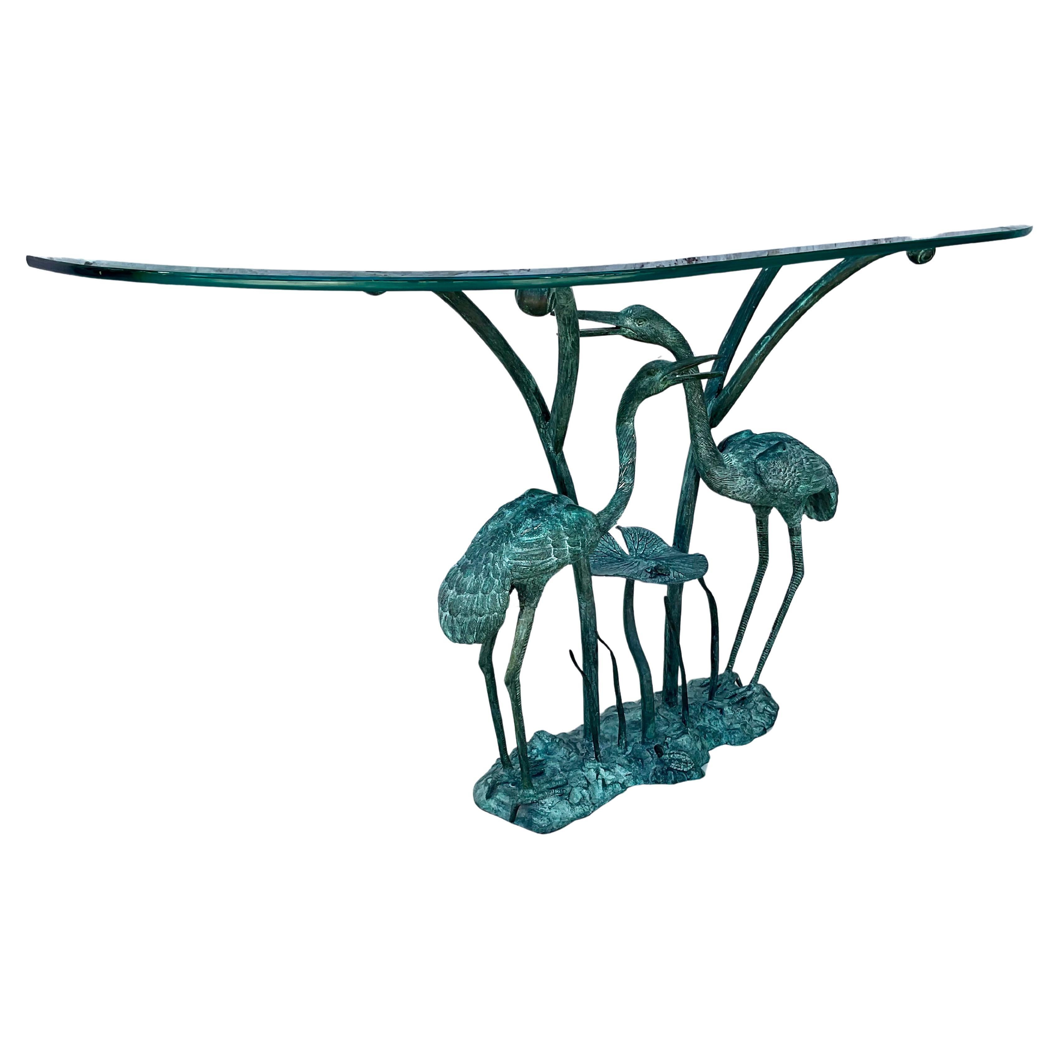 Thai Labarge Bronze Crane and Lily Pad Glass Top Console Table For Sale