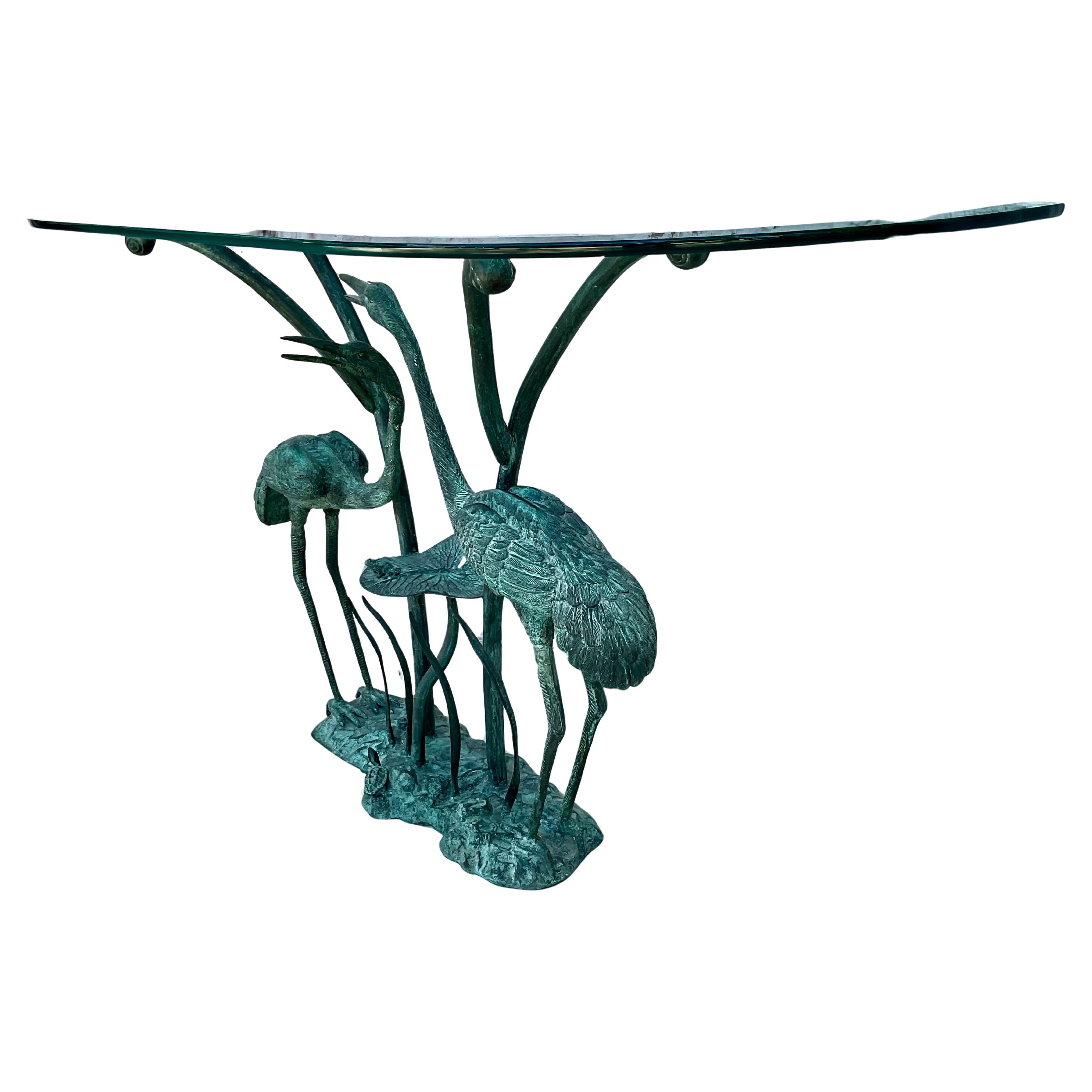 Labarge Bronze Crane and Lily Pad Glass Top Console Table In Good Condition For Sale In Bradenton, FL