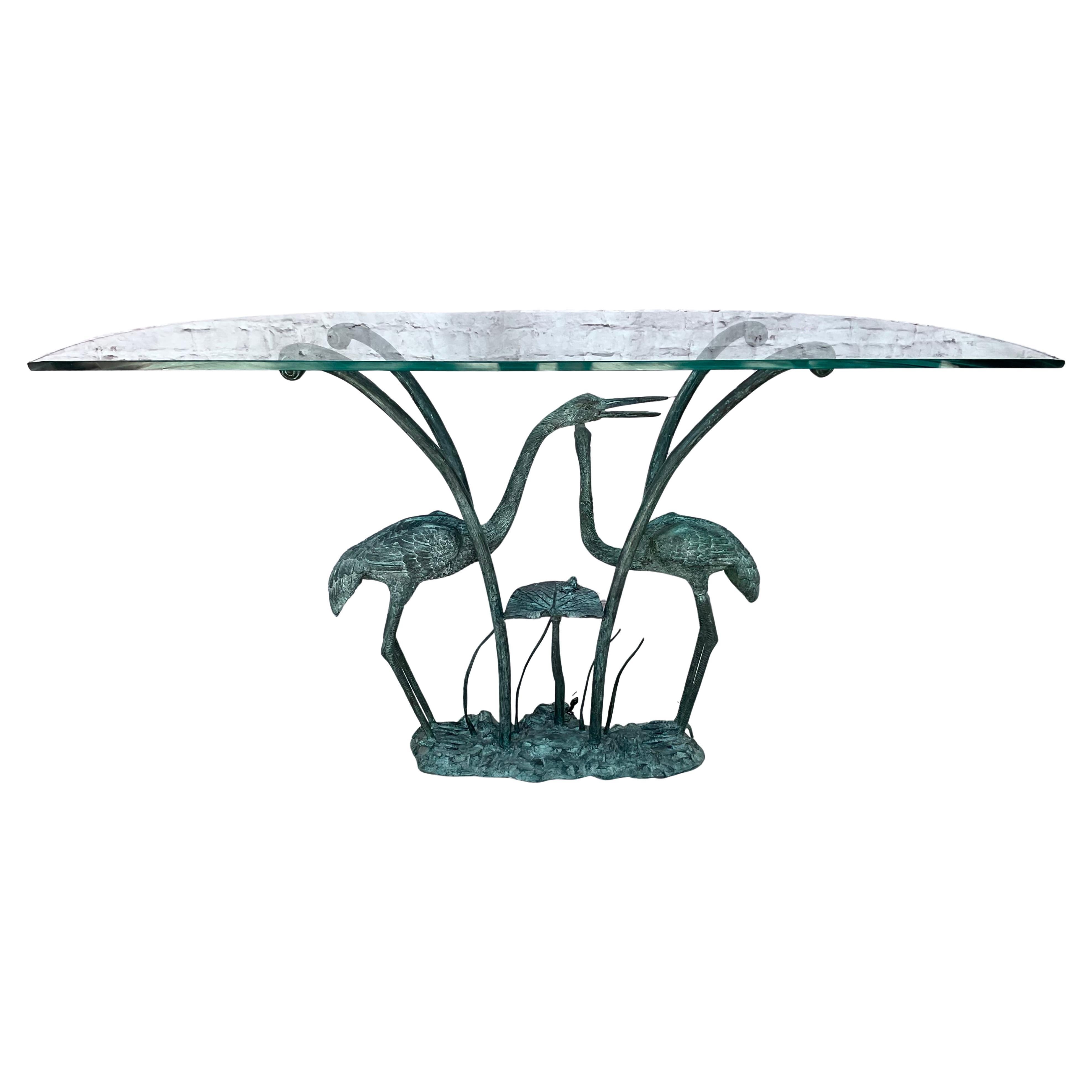 20th Century Labarge Bronze Crane and Lily Pad Glass Top Console Table For Sale