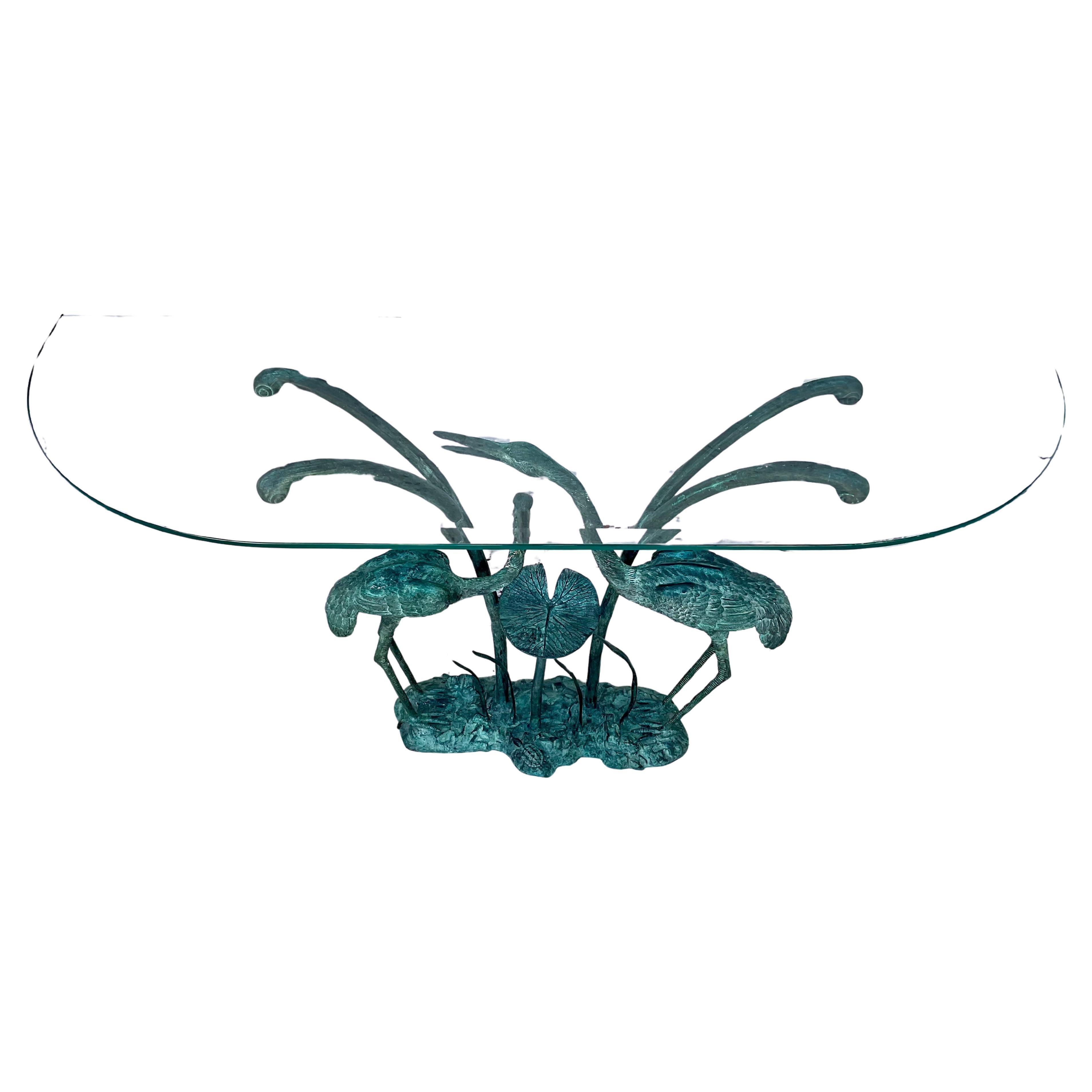 Labarge Bronze Crane and Lily Pad Glass Top Console Table For Sale 1