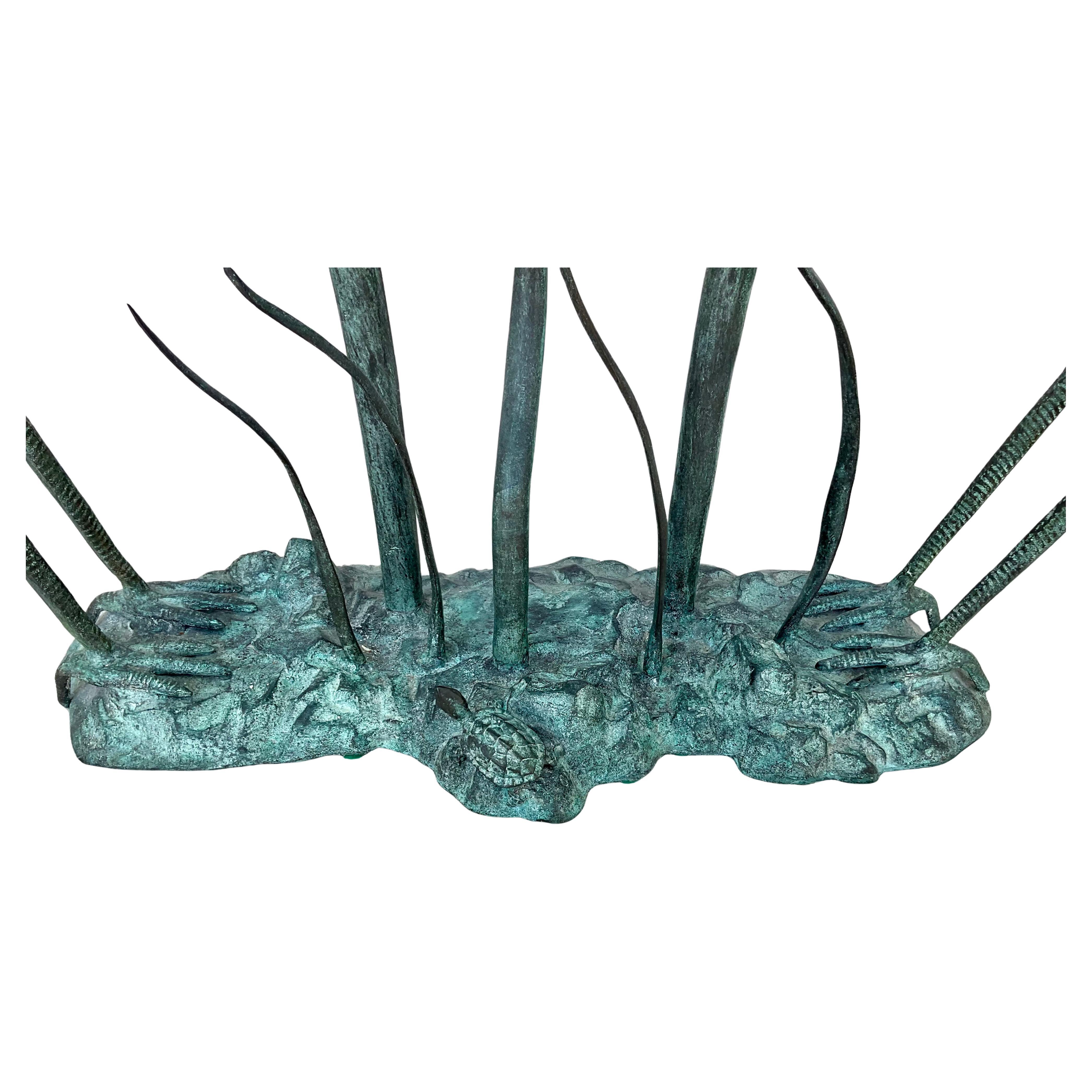 Labarge Bronze Crane and Lily Pad Glass Top Console Table For Sale 3