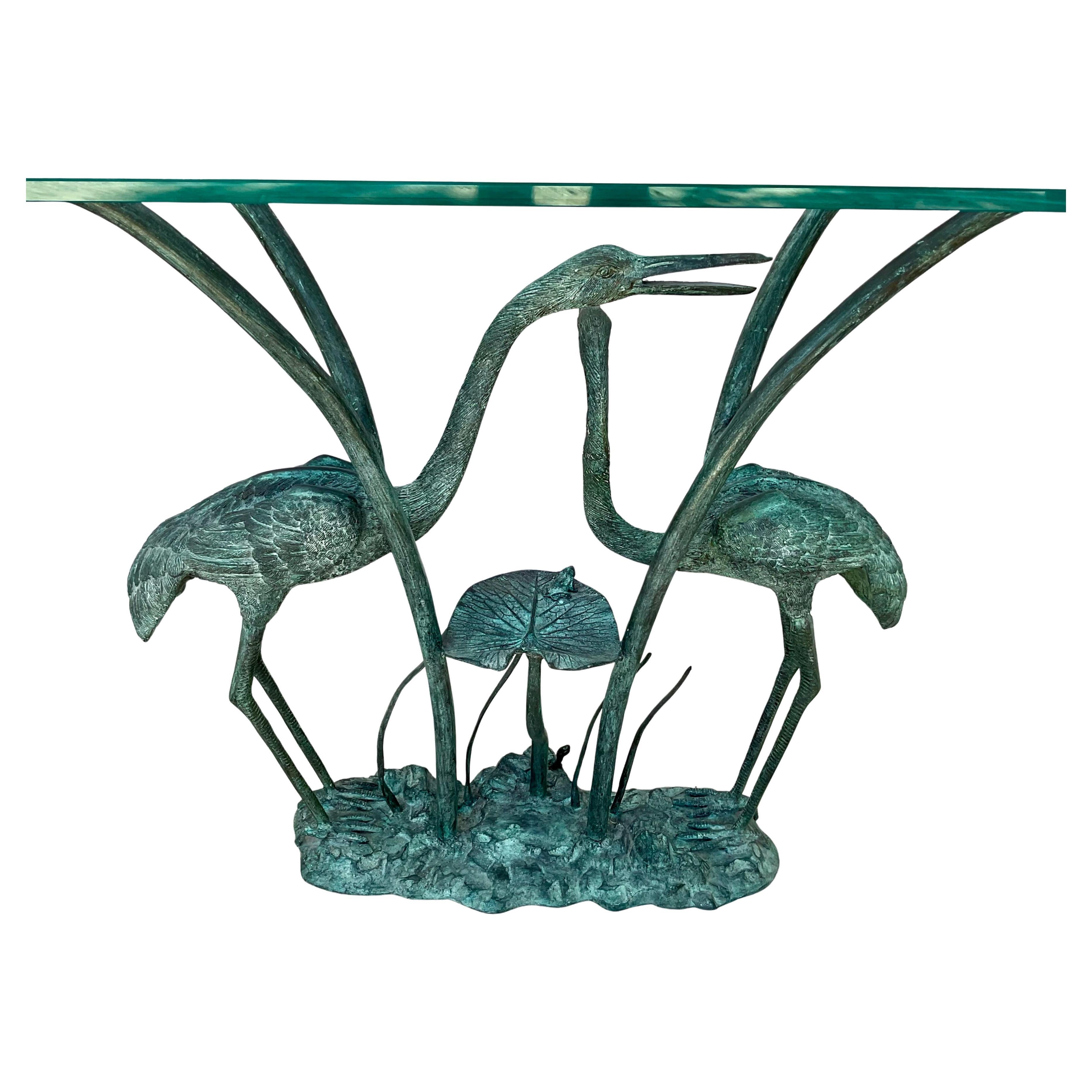 Labarge Bronze Crane and Lily Pad Glass Top Console Table