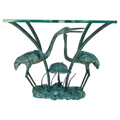 Labarge Bronze Crane and Lily Pad Glass Top Console Table