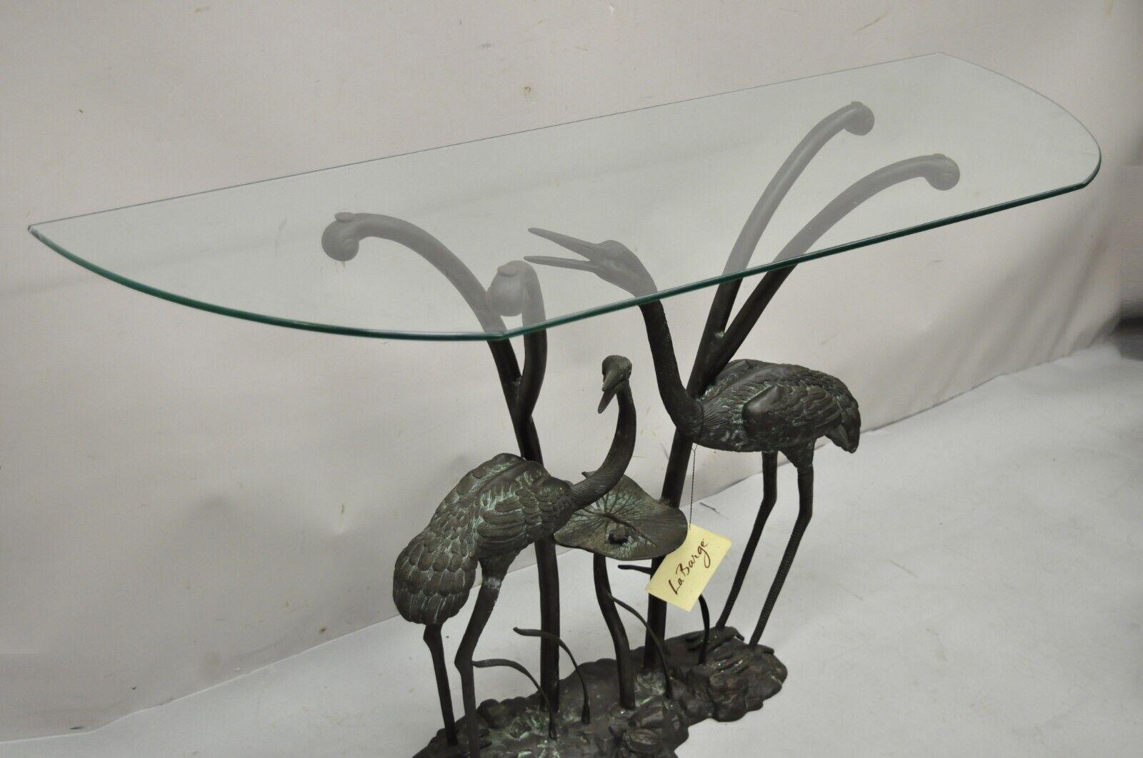 Labarge Bronze Crane Bird Lily Pad Glass Top Console Sofa Hall Table For Sale 1