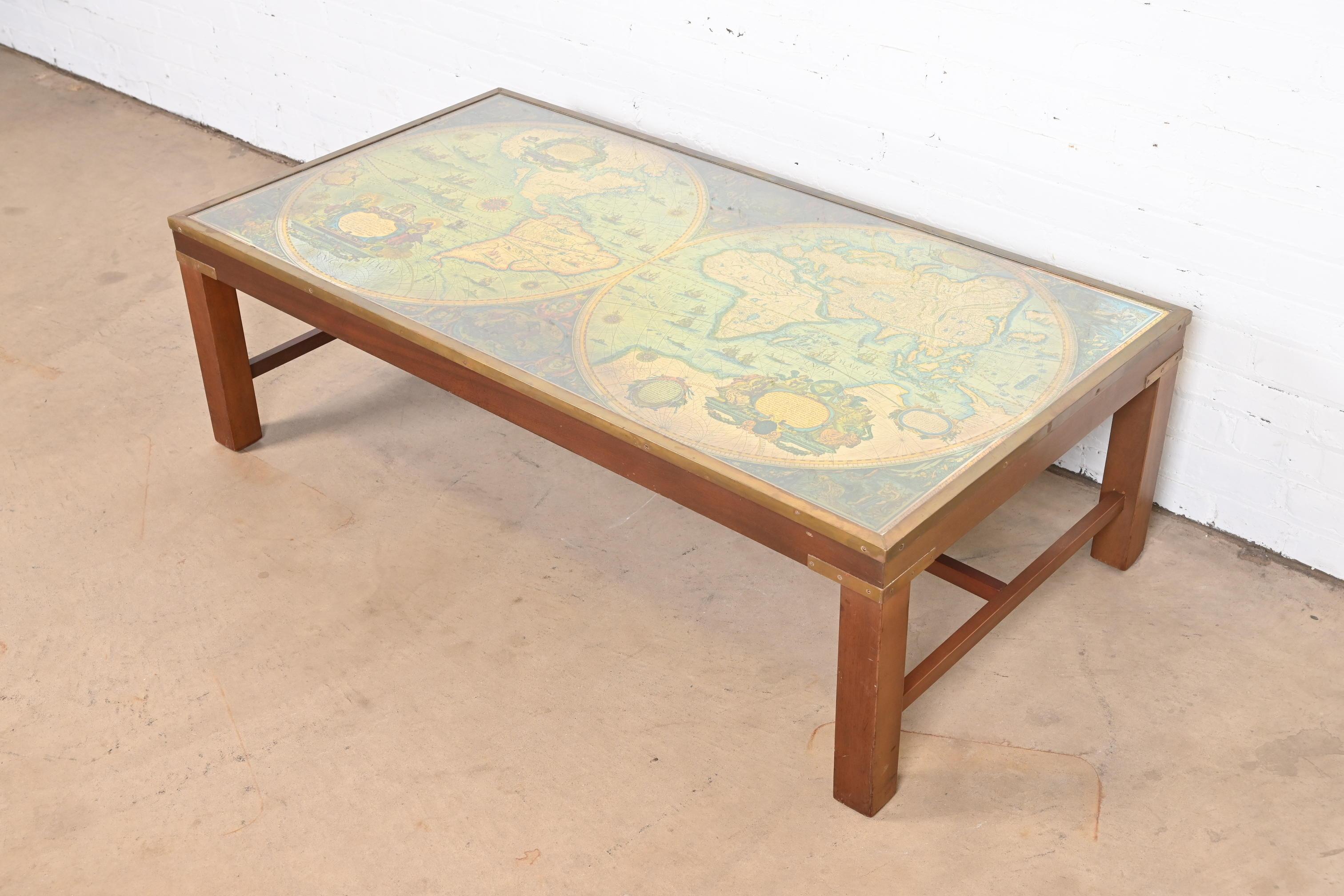 American Labarge Campaign Mahogany and Brass Mounted Coffee Table With Old World Map Top For Sale